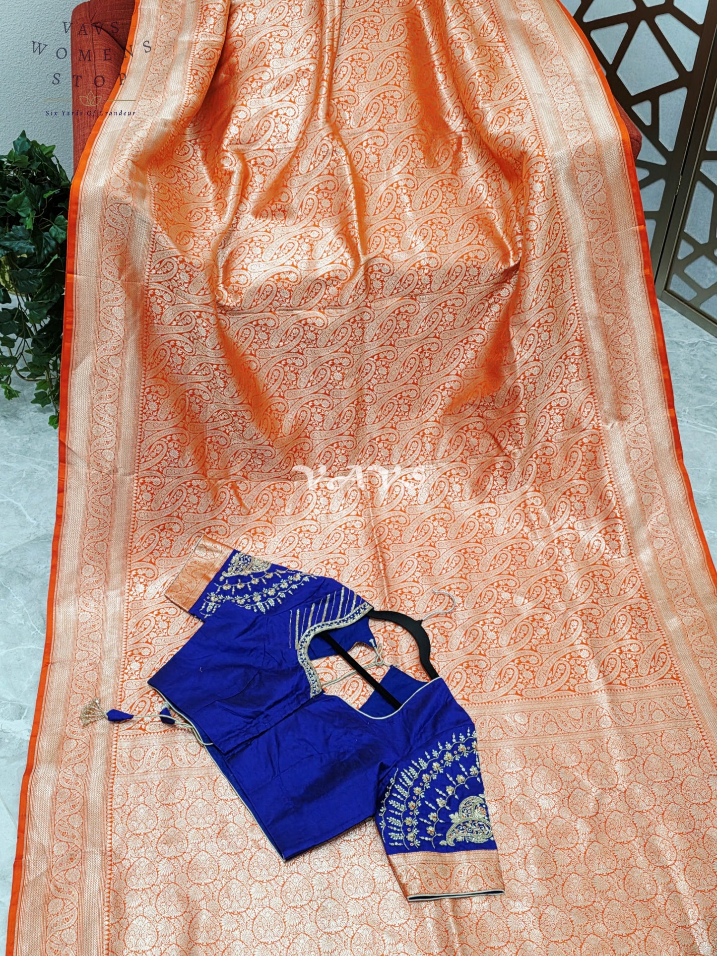 Royal Orange Pure Banarasi Katan Silk Paisley Saree with Royal Blue Maggam Blouse Size 38-44