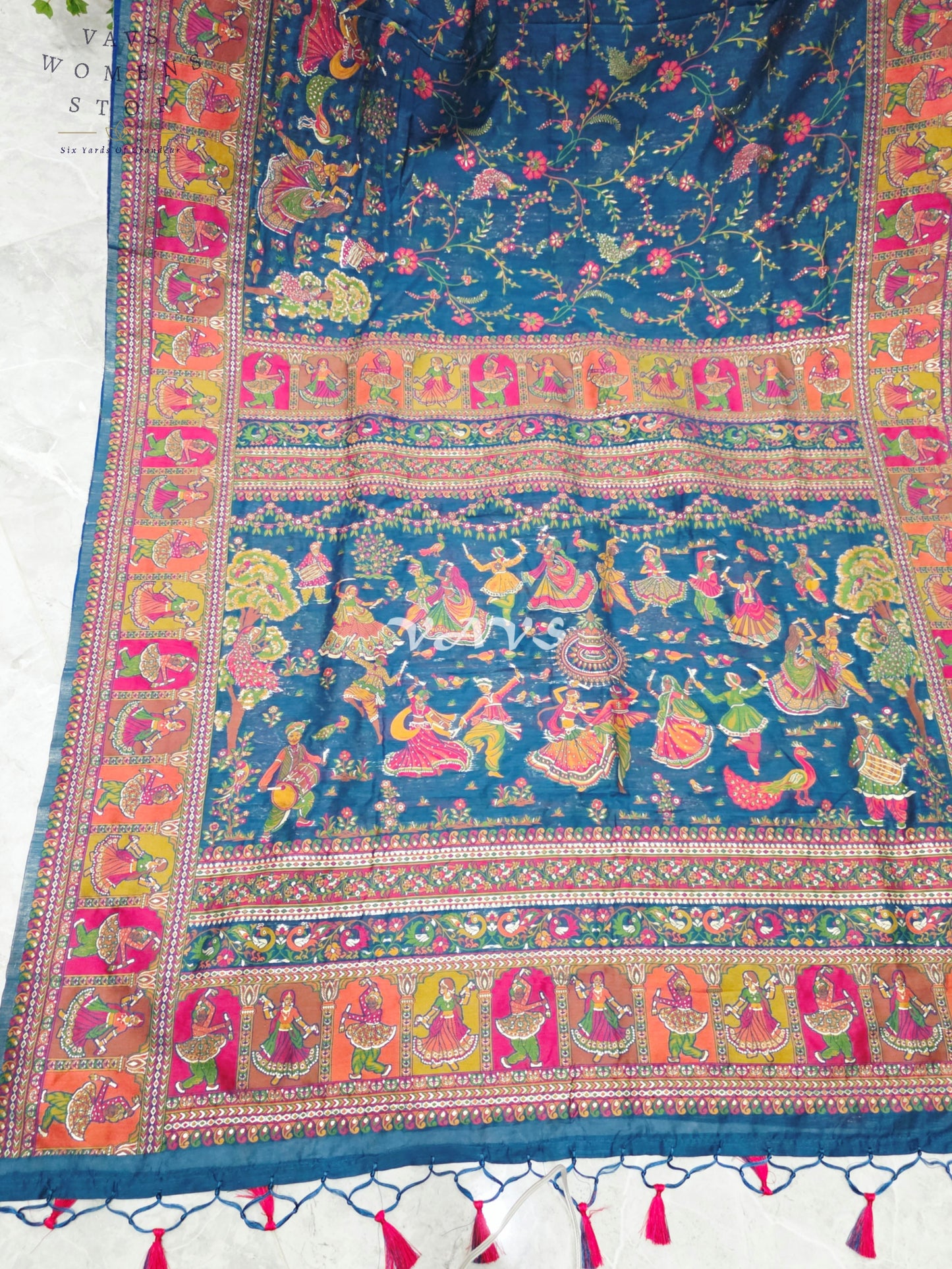Royal Peacock Blue Pure Kani Silk Kashmiri Saree with Heritage Folk Art Pallu & Stitched Blouse Size 36-42