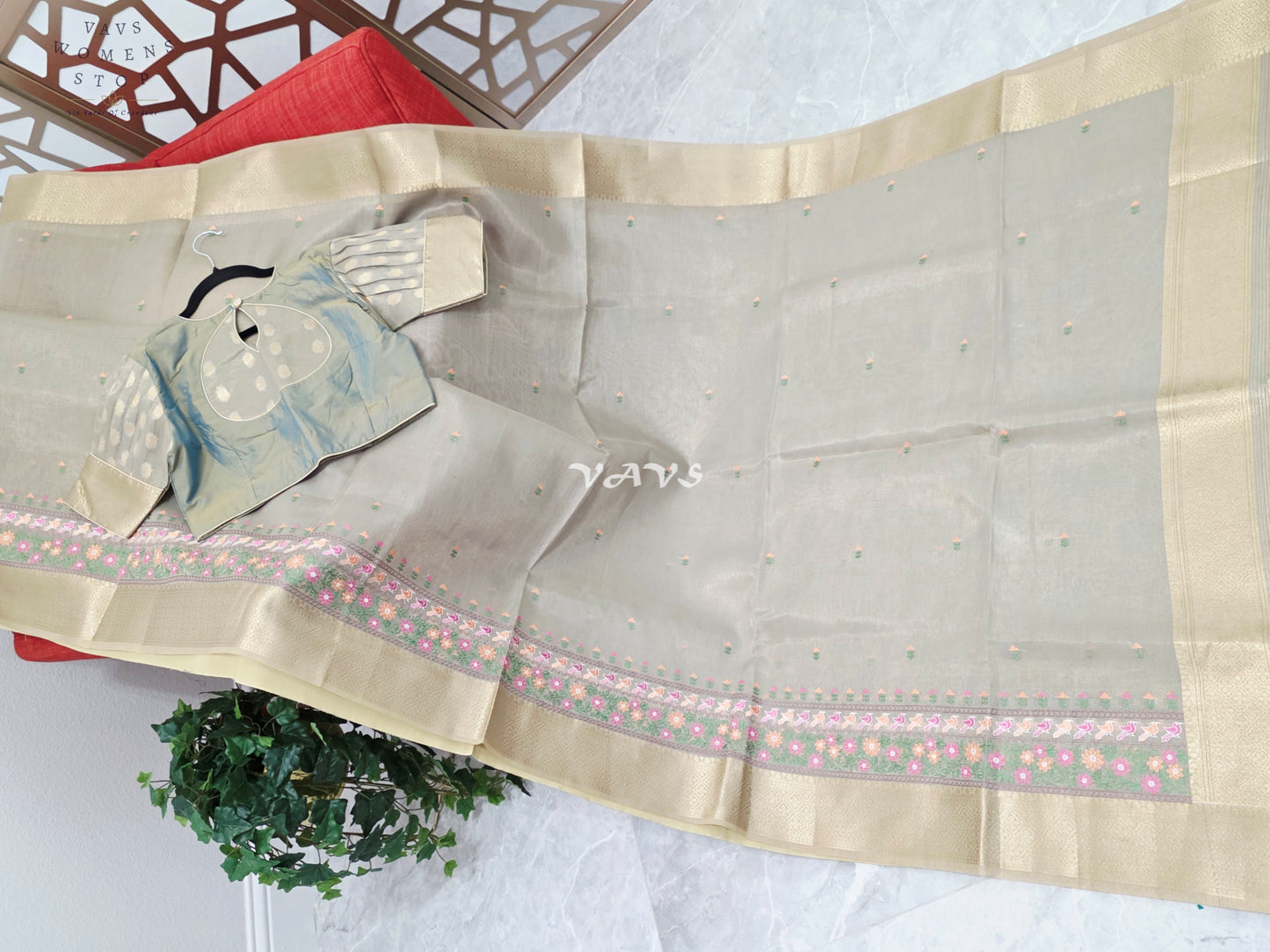 Pearl Sea Green Soft Tissue Cotton Style Embroidered Saree with Champagne Gold Border & Stepped Puff Blouse Size 38, Extendable to 44