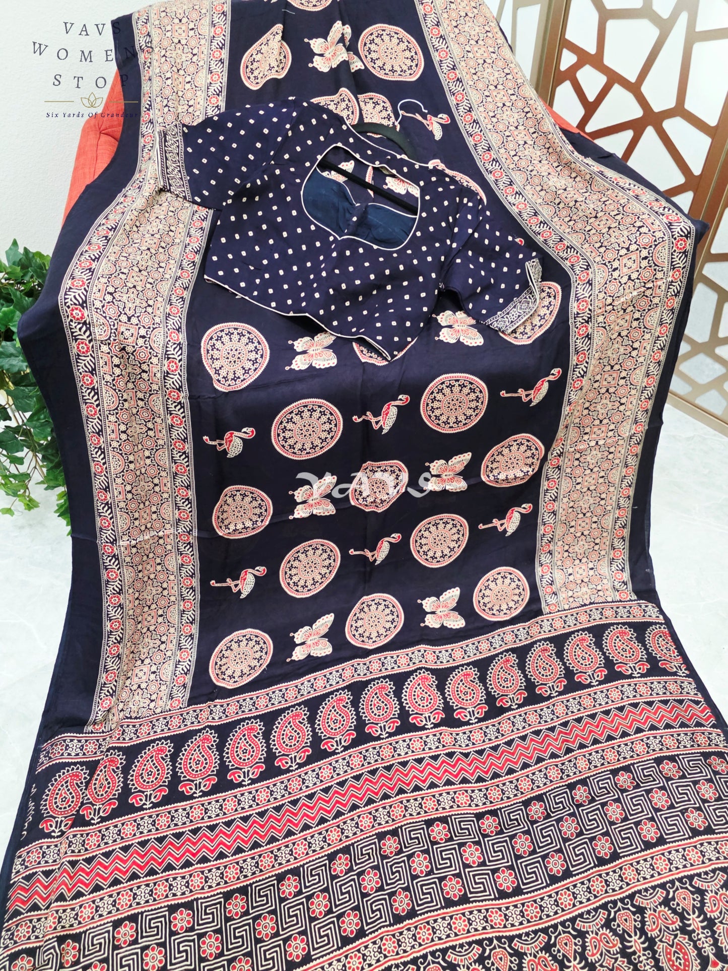 Midnight Black Ajrakh Print Semi Modal Silk Saree with Antique-Gold Pallu & Stitched Blouse Size 36–42