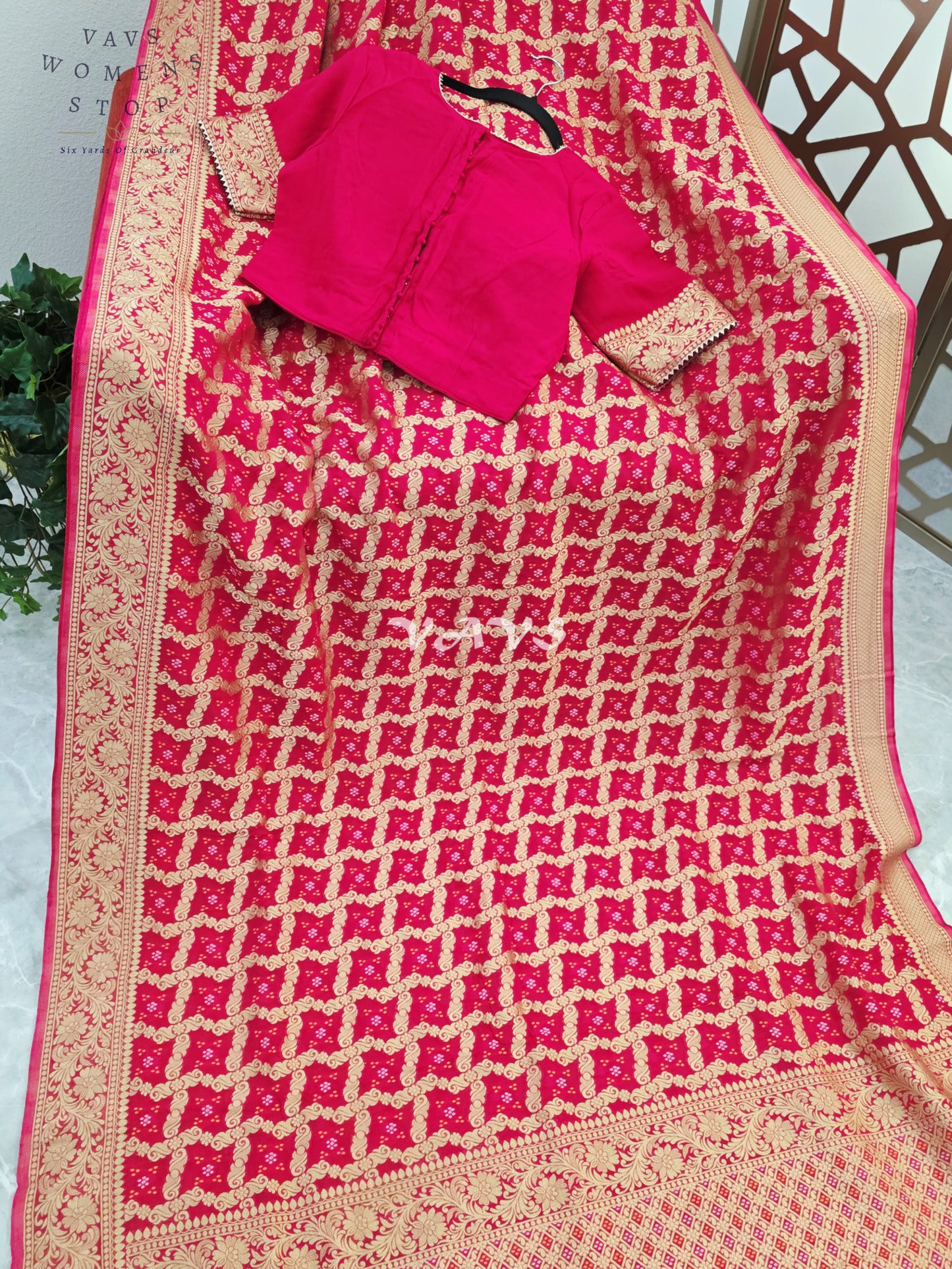 Rani Pink Viscose Georgette Gharchola Bandhani Saree with Antique Gold Zari & Stitched Blouse Size 40-46