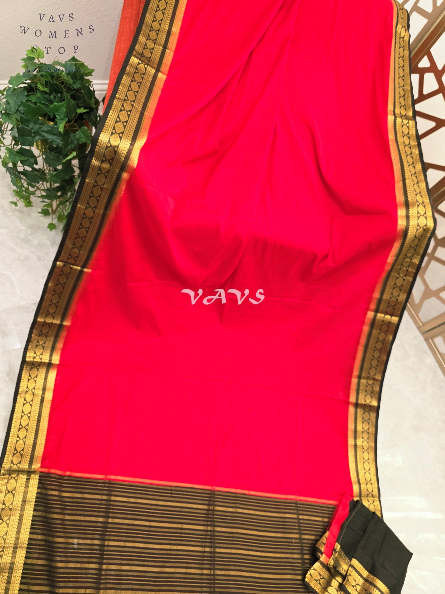 Royal Vermilion Red & Black Semi Mysore Crepe Silk Saree with Gold Zari Border | Rashmika Mandanna Inspired