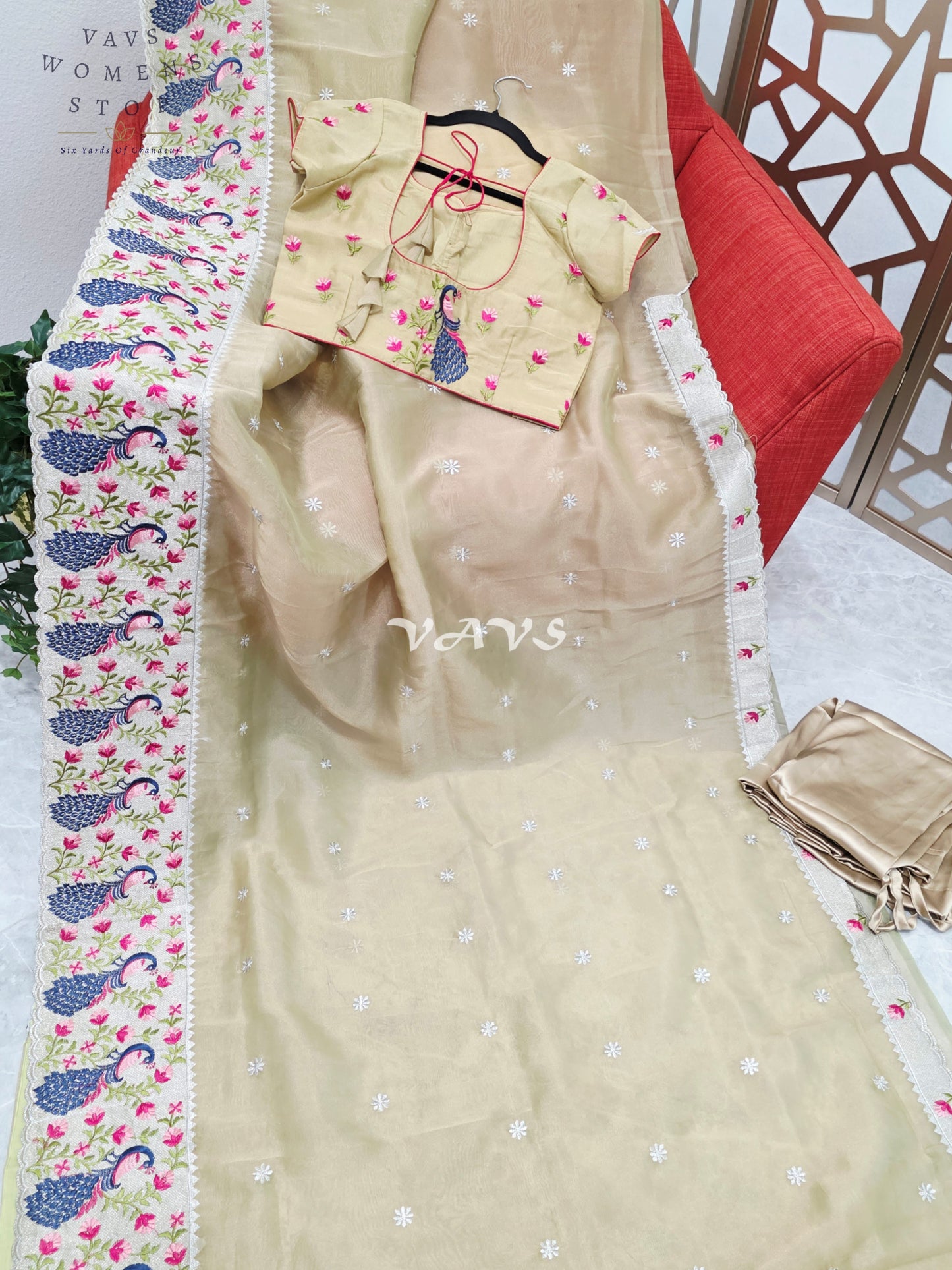 Champagne Gold Tissue Saree with Peacock Embroidered Border, Blouse Size 38-44 & Satin Petticoat