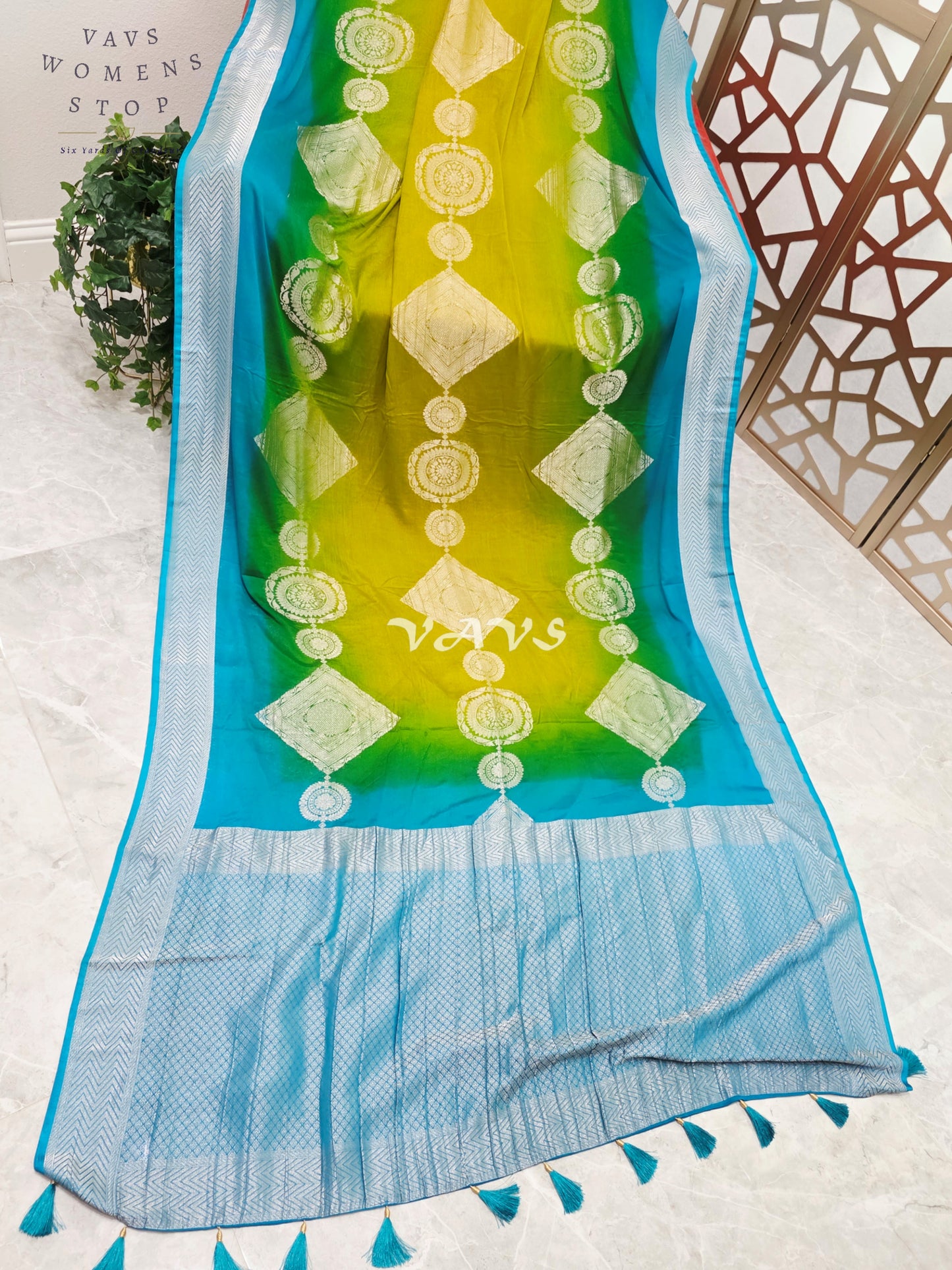 Peacock Turquoise & Lime Ombré Premium Chiffon Saree with Silver Zari Motifs & Stitched Blouse Size 36-42