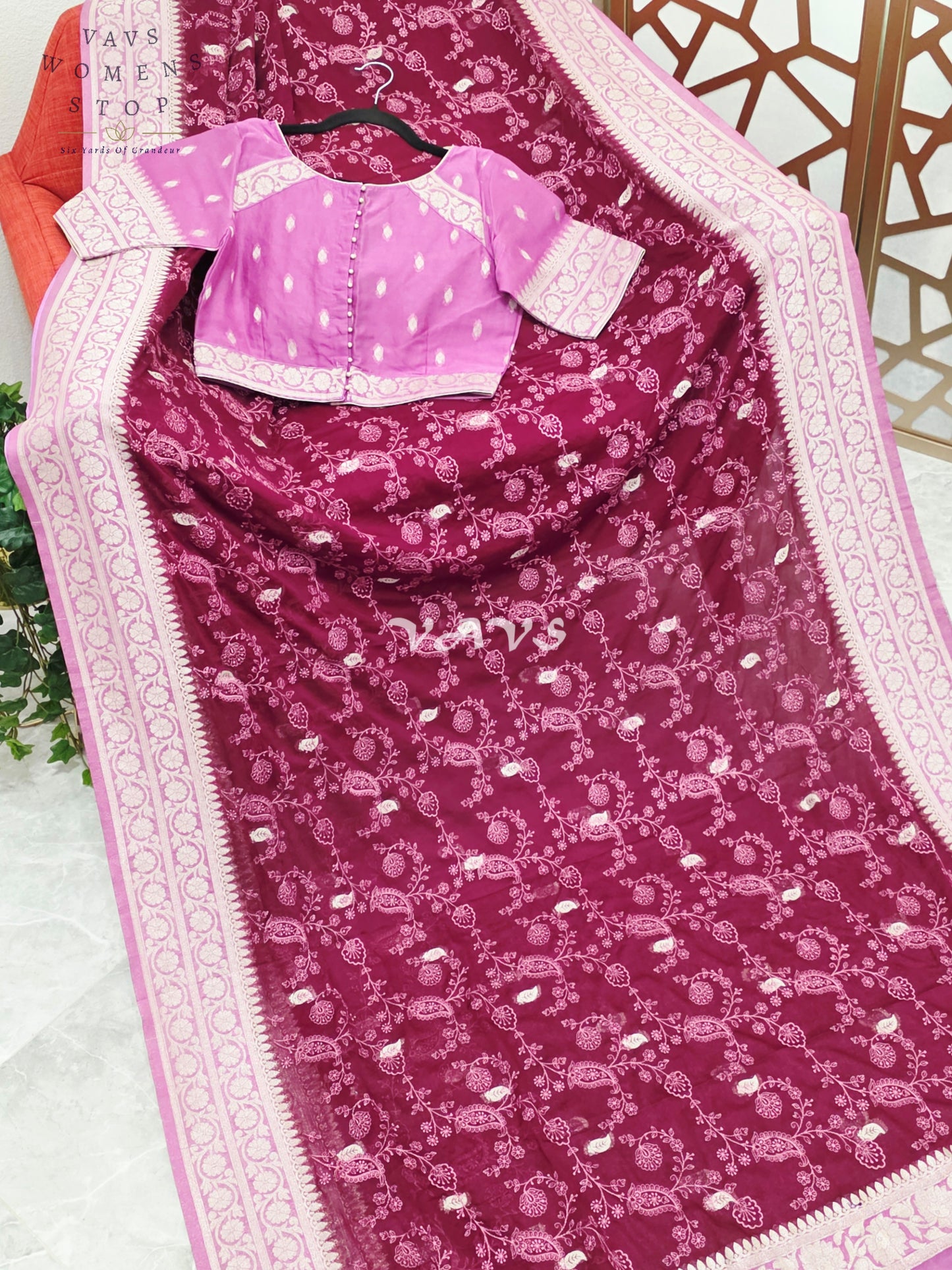 Royal Wine & Orchid Premium Chiffon Saree with All-Over Chikankari Embroidery & Stitched Blouse Size 36-42