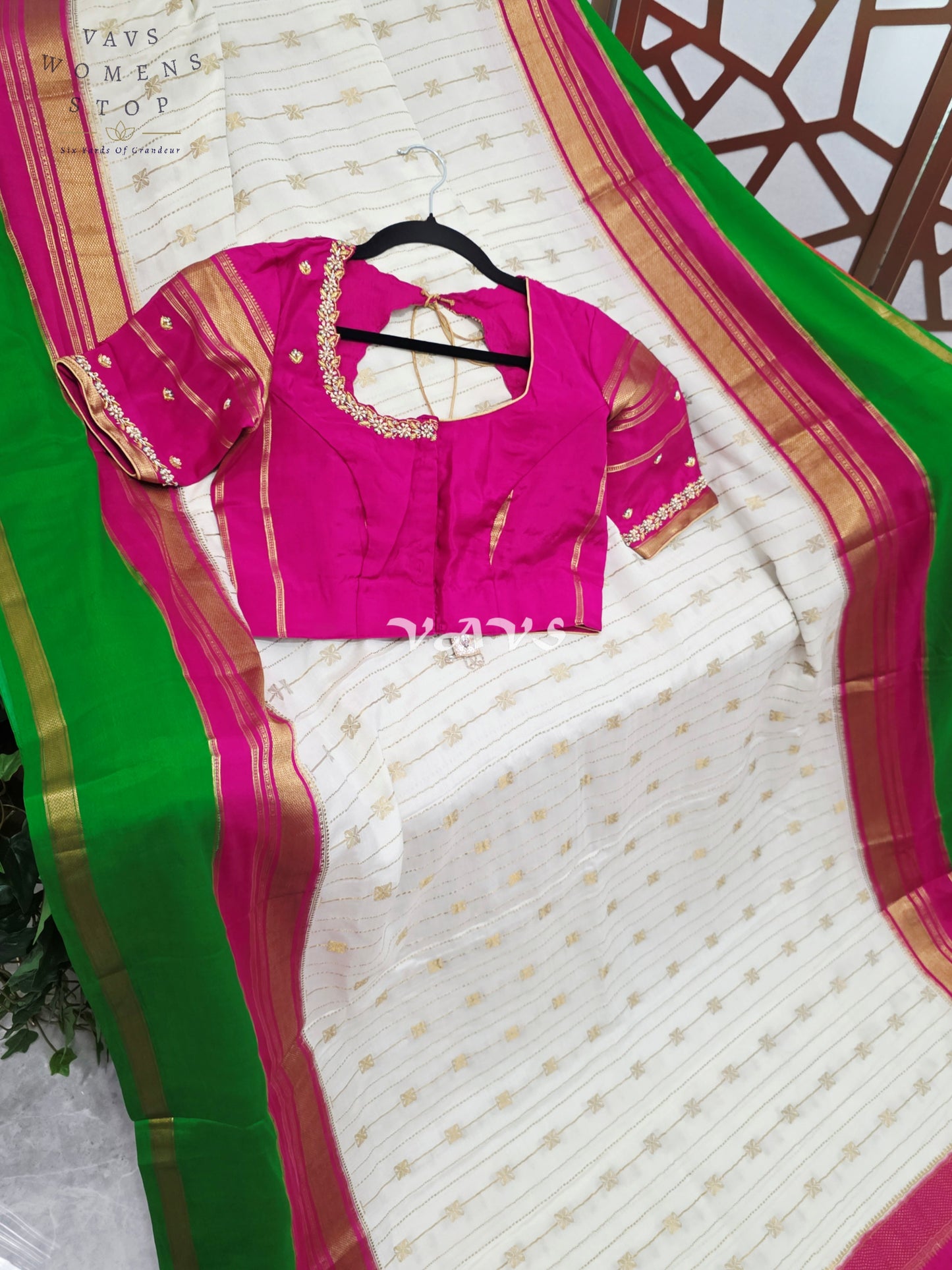 Ivory Pearl Pure Mysore Crepe Silk 120 GSM Saree with Emerald Border & Fuchsia Maggam Blouse Size 34-40