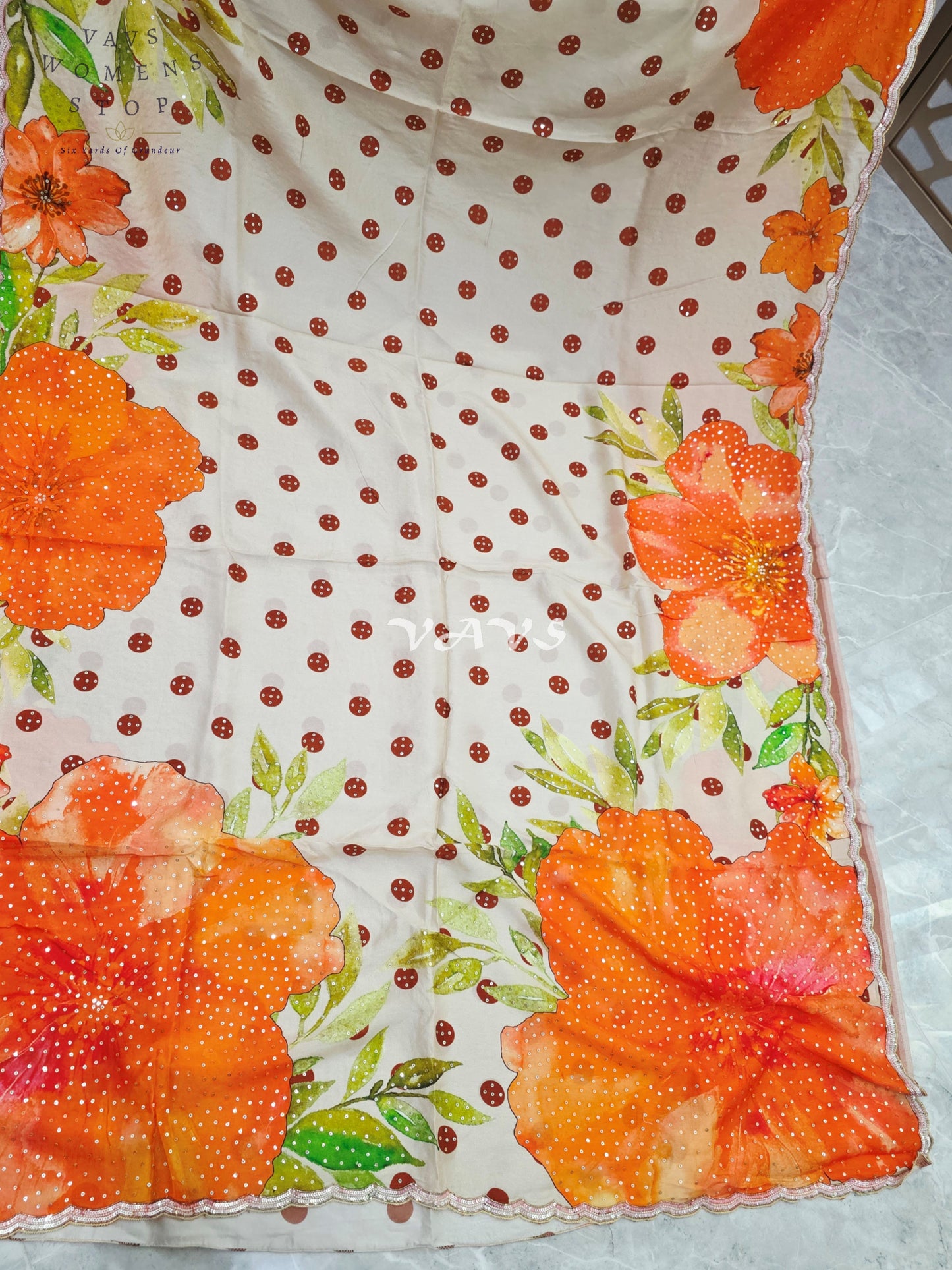 Ivory Pearl Russian Crepe Silk Saree with Sunset Orange Florals, Polka Dots, Sequin Scallop Border & Blouse Size 34-40