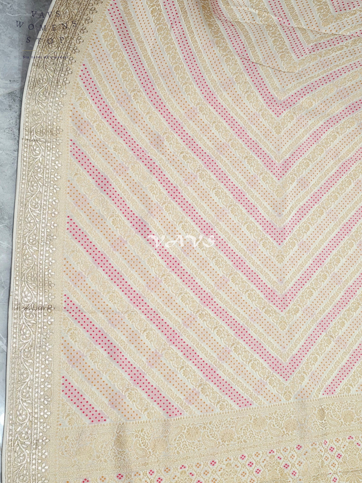 Ivory Champagne Soft Viscose Georgette Leheriya Saree with Gold Gota Patti Border & Ruby Red Blouse Size 36-42