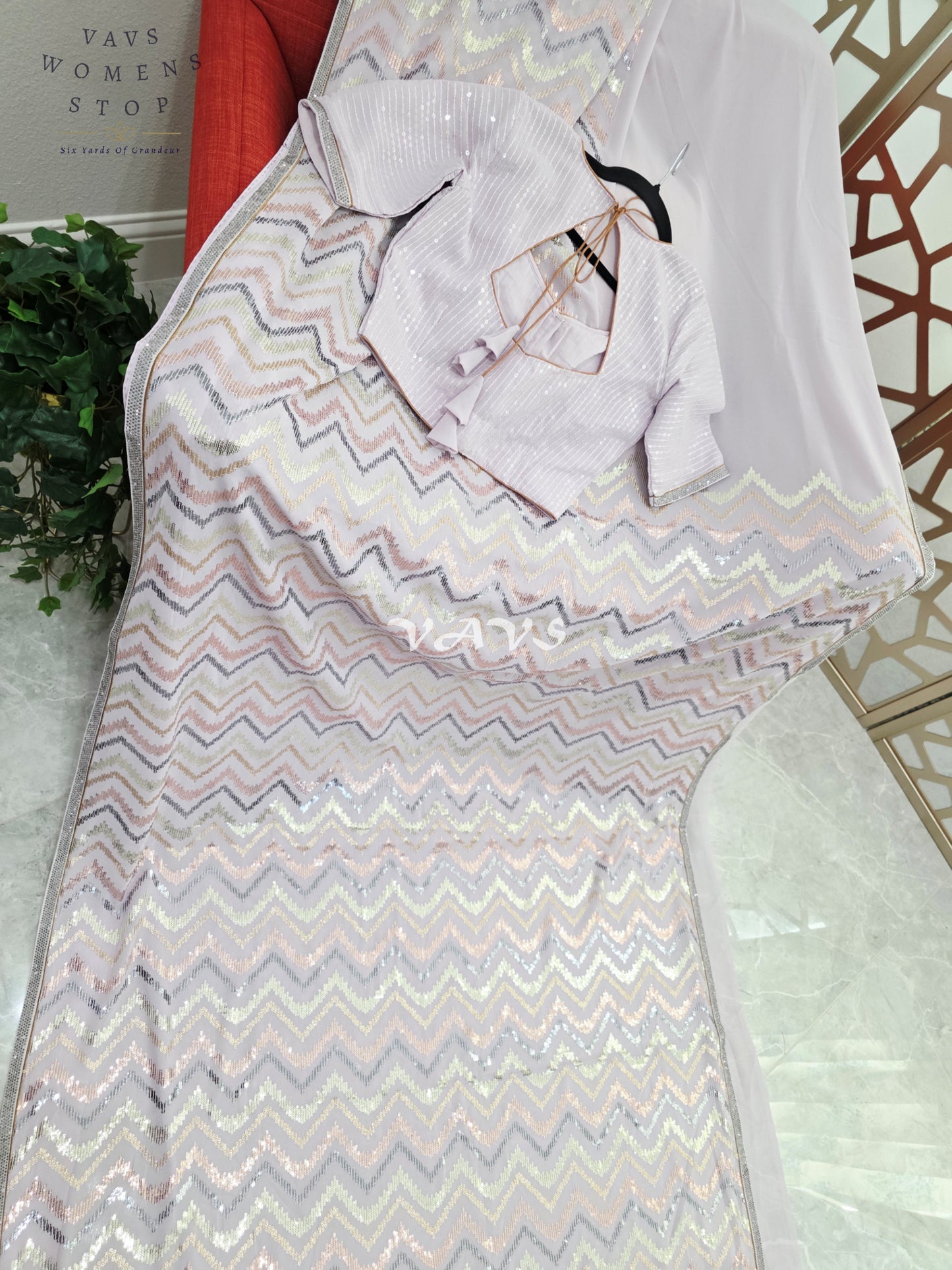 Moonlit Lavender Premium Georgette Saree with Multicolor Chevron Sequins & Stitched Blouse Size 34-40