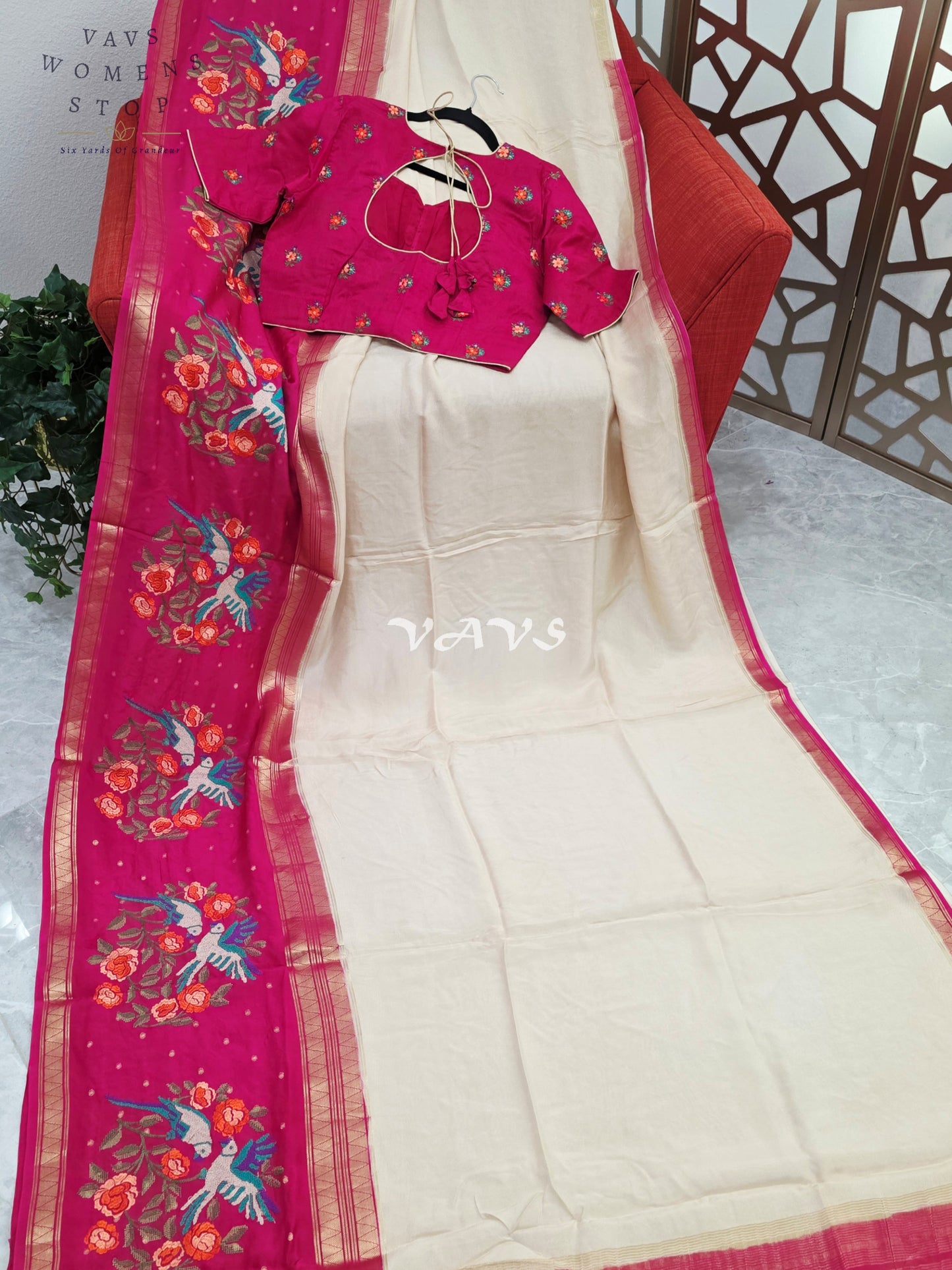 Ivory Pearl Semi Mysore Crepe Silk Saree with Fuchsia Pink Parrot Embroidery Border & Stitched Blouse Size 38-44