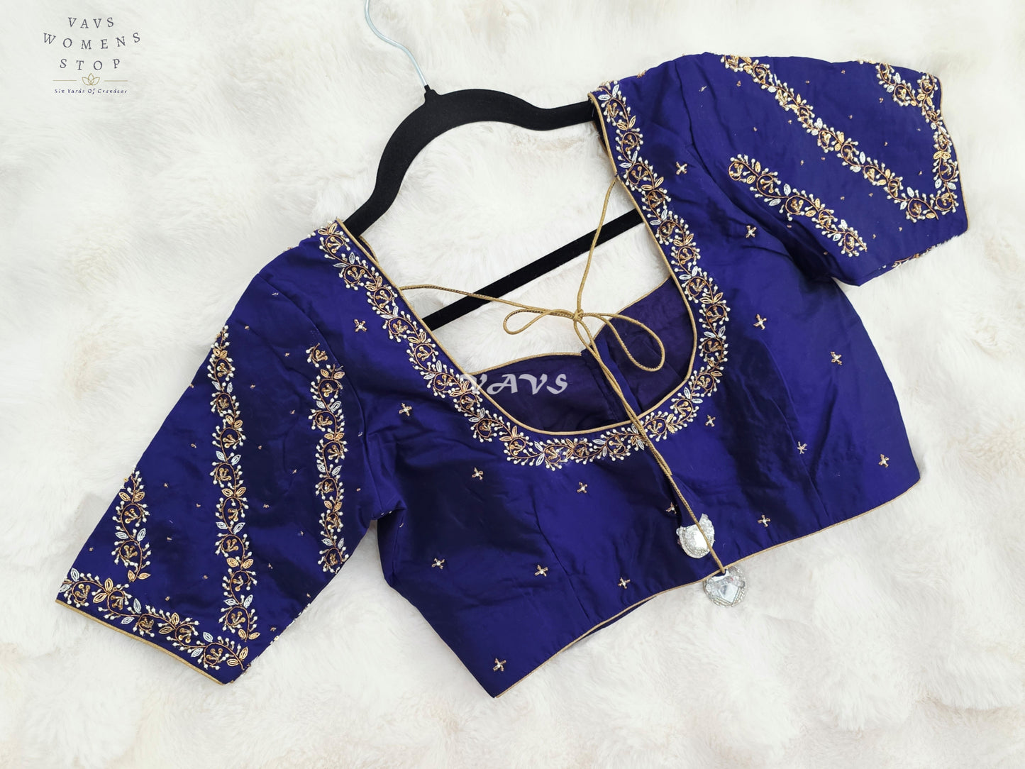 Royal Sapphire Blue Hand-Embroidered Maggam Work Stitched Blouse Size 36-42