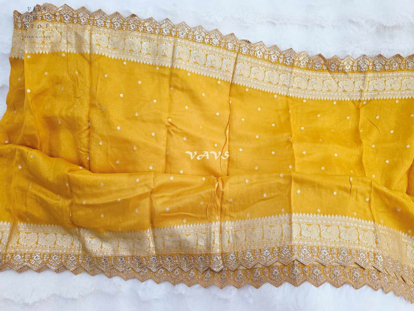 Regal Marigold Gold Munga Benarasi Cutwork Embroidered Border Dupatta