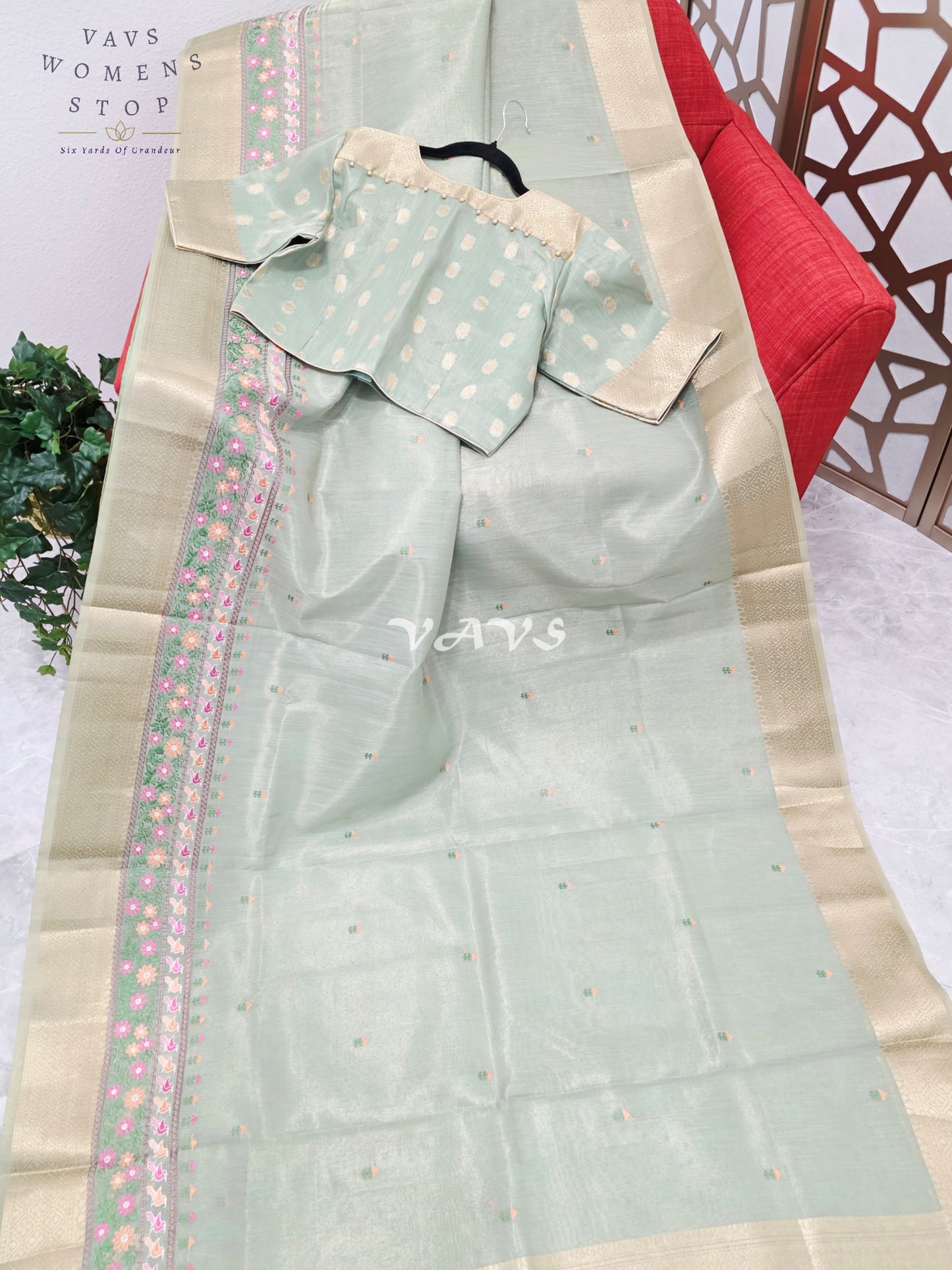 Pearl Sea Green Soft Tissue Cotton Style Embroidered Saree with Champagne Gold Border & Stitched Blouse Size 40, Extendable to 46