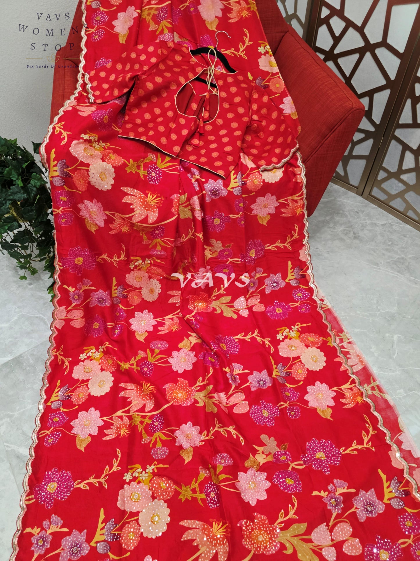 Scarlet Red Floral Russian Crepe Silk Saree with Champagne Sequin Border & Stitched Blouse Size 40, Extendable to 46