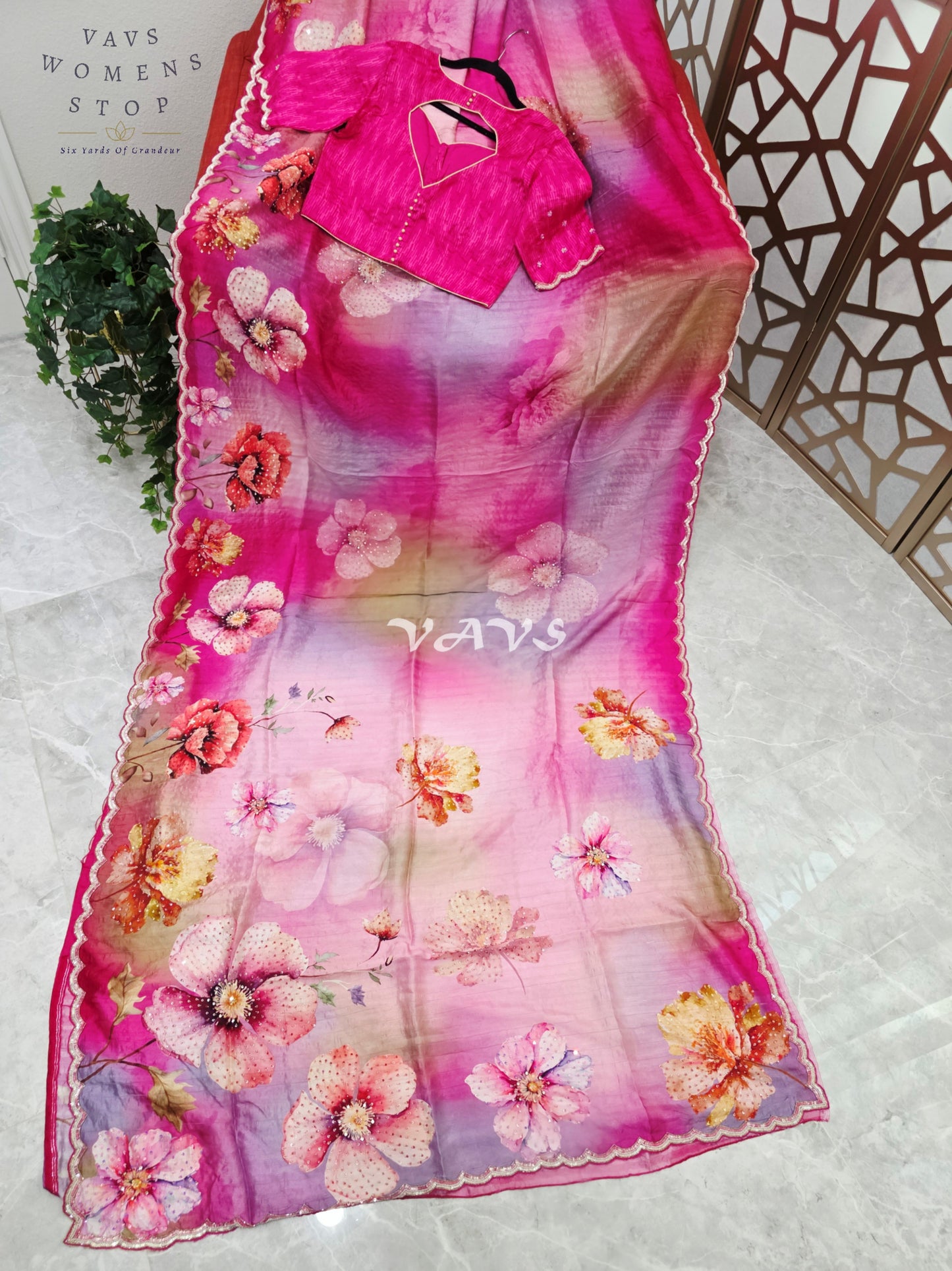 Fuchsia Pink & Lavender Floral Russian Crepe Silk Saree with Scalloped Sequin Border & Stitched Blouse Size 36, Extendable to 42