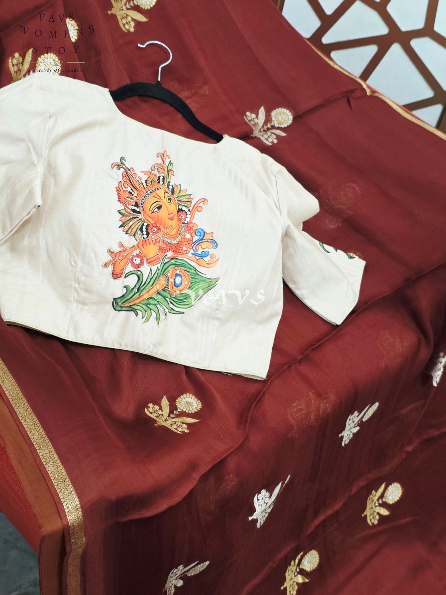 Garnet Maroon Pure Manipuri Kota Silk Saree with Gold Pallu & Ivory Lord Krishna Digital Print Stitched Blouse Size 38, Extendable to 44