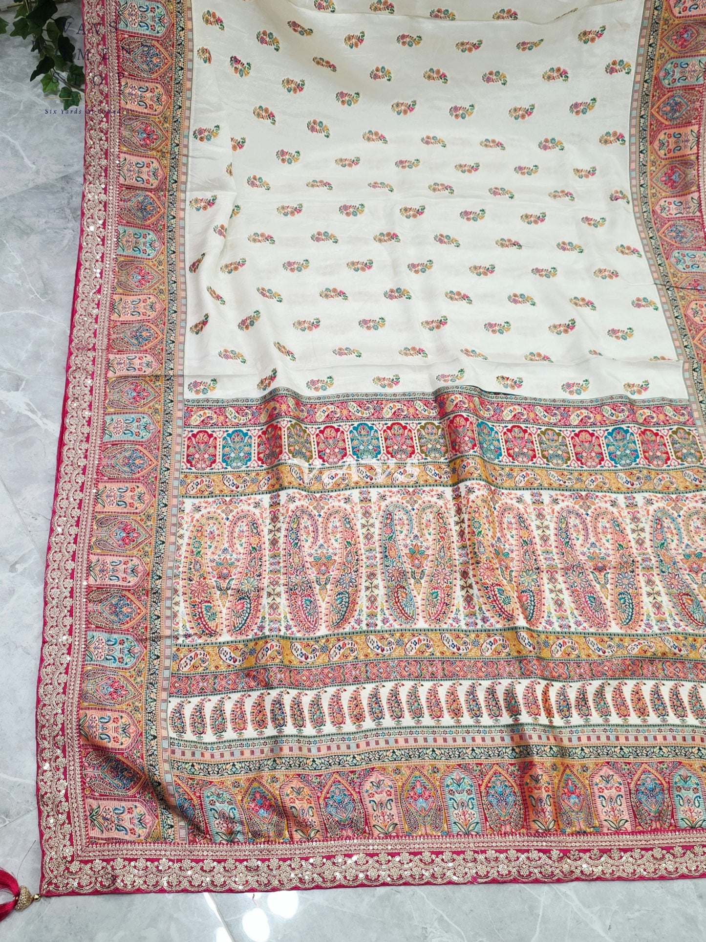 Regal Pearl Ivory Pure Munga Crepe Silk Designer Saree with Rose Pink Paisley Border & Stitched Blouse Size 40-46