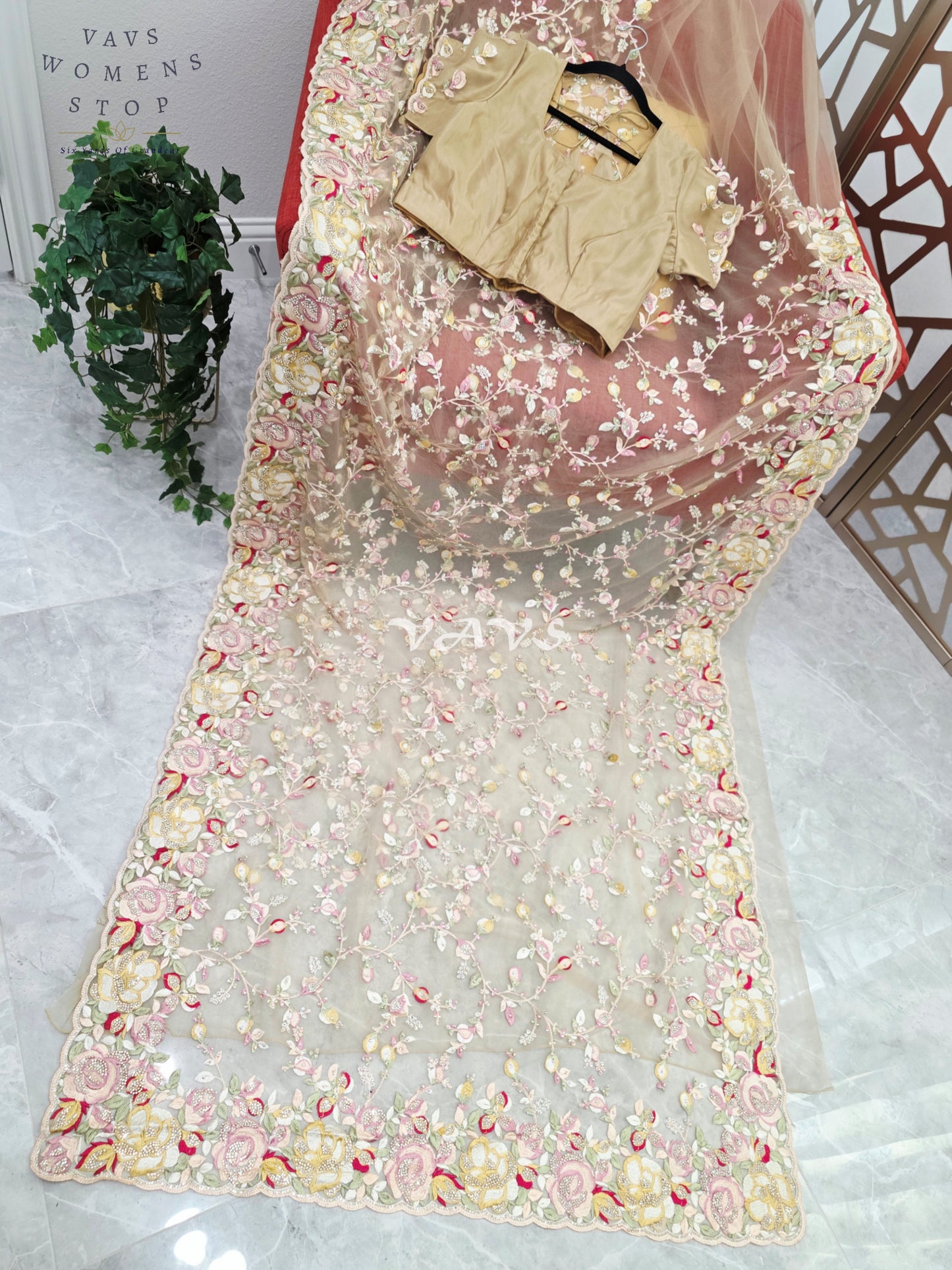 Regal Champagne Beige Soft Net Cocktail Saree with Multicolor Floral Embroidery, Stone Embellishments & Stitched Blouse Size 42–48