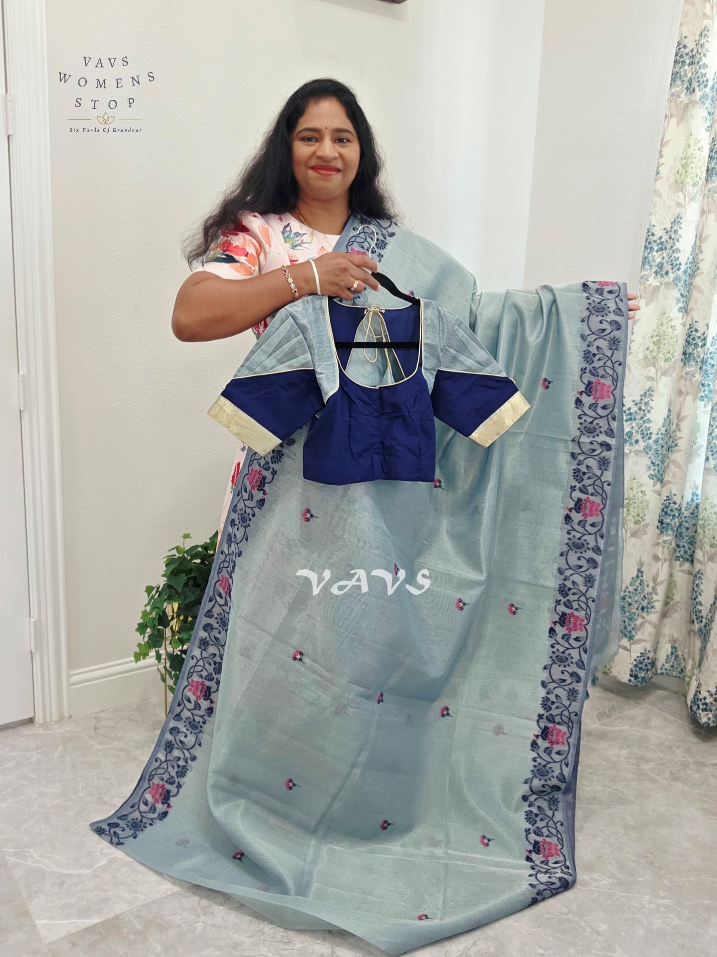 Pearl Aqua Semi Tissue Silk Cotton Jamdani Style Saree with Elephant Pallu & Navy Stitched Puff Sleeve Blouse Size 38, Extendable to 44