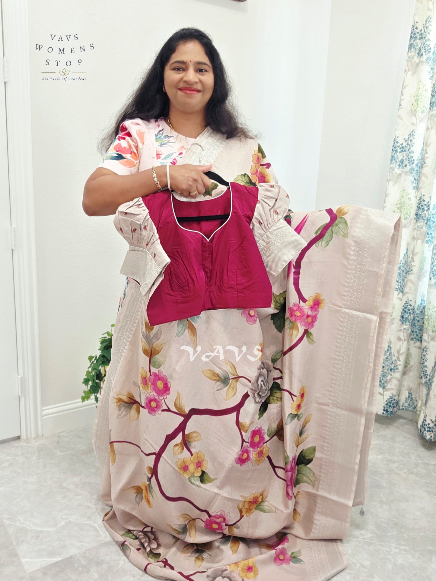 Pearl Ivory Mangalagiri Silk Bird & Floral Print Saree with Burgundy Wine Stitched Puff Sleeve Blouse Size 38, Extendable to 44