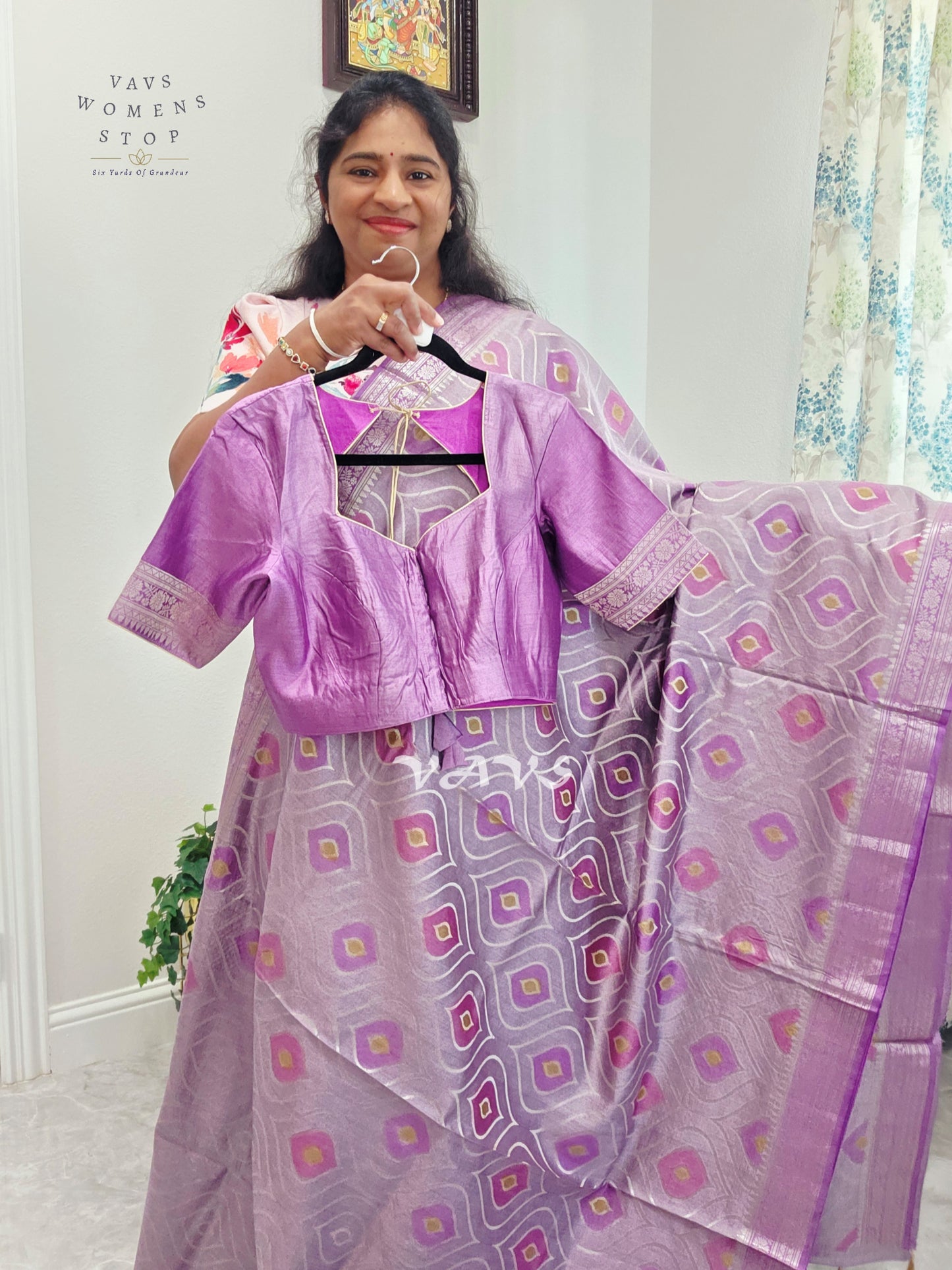 Lavender Lilac Pure Chiniya Silk Saree with Stitched Blouse Size 38 - 43 | Ready to Ship