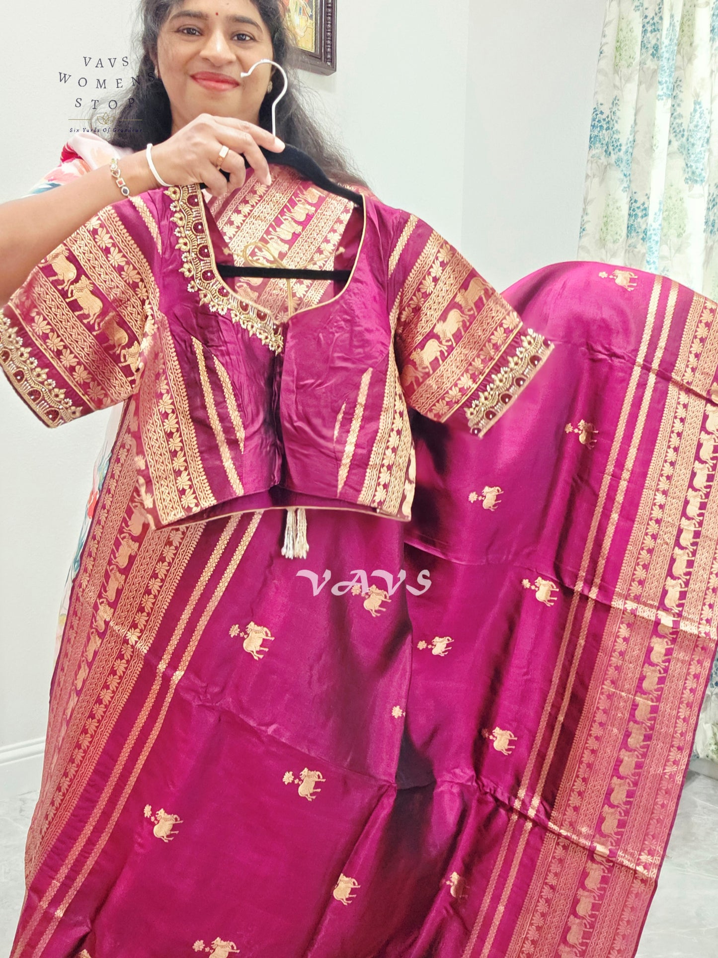 Regal Rani Wine Pure Kanchi Pattu Handloom Soft Silk Saree with Pichwai Buttas & Maggam Stitched Blouse Size 40-46