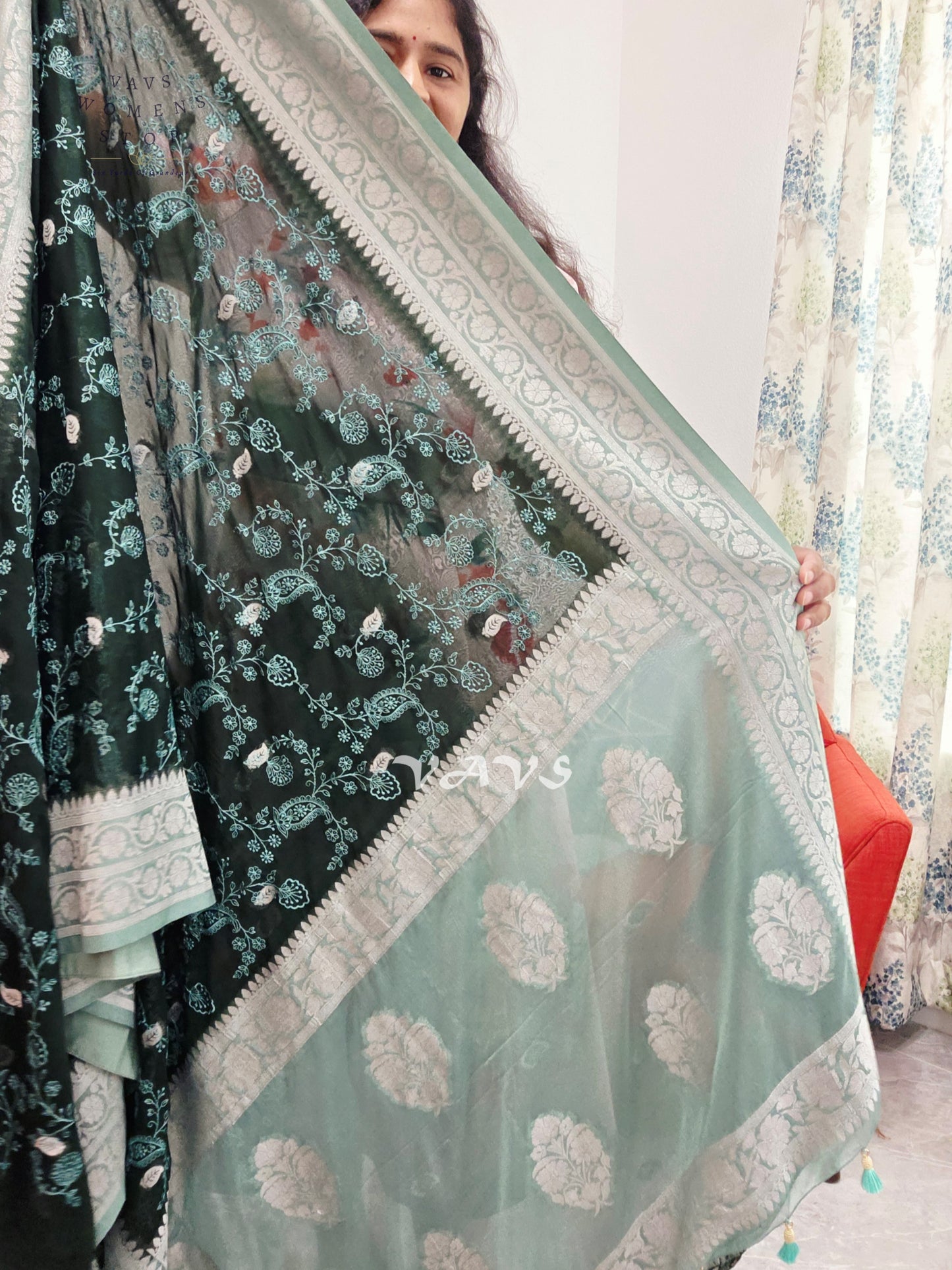 Emerald Forest Green Chiffon Chikankari Saree with Mint Pallu & Stitched Blouse Size 34-40