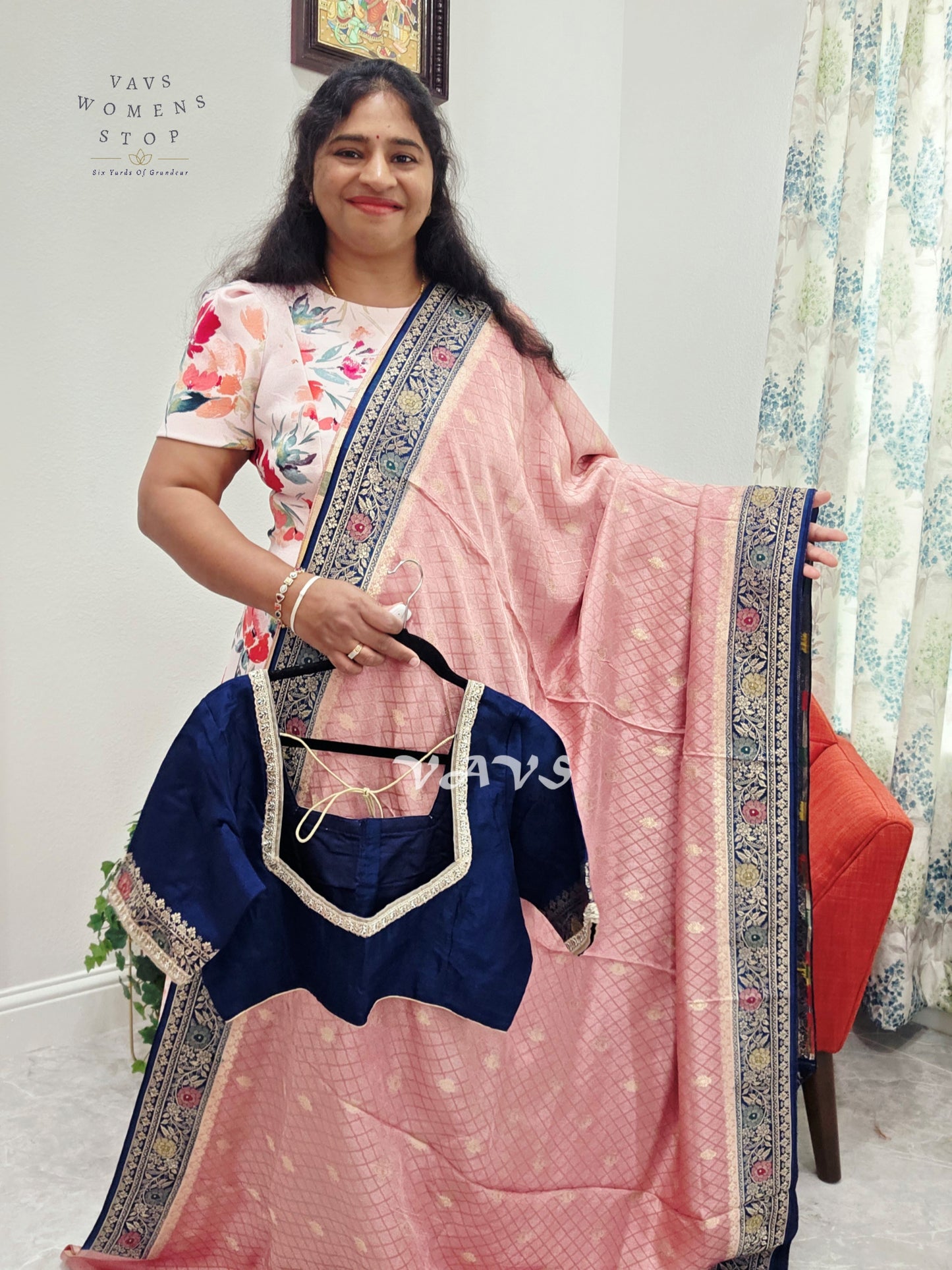 Blush Rose Pink Pure Munga Crepe Silk Saree with Midnight Navy Floral Border & Stitched Blouse Size 42, Extendable to 48