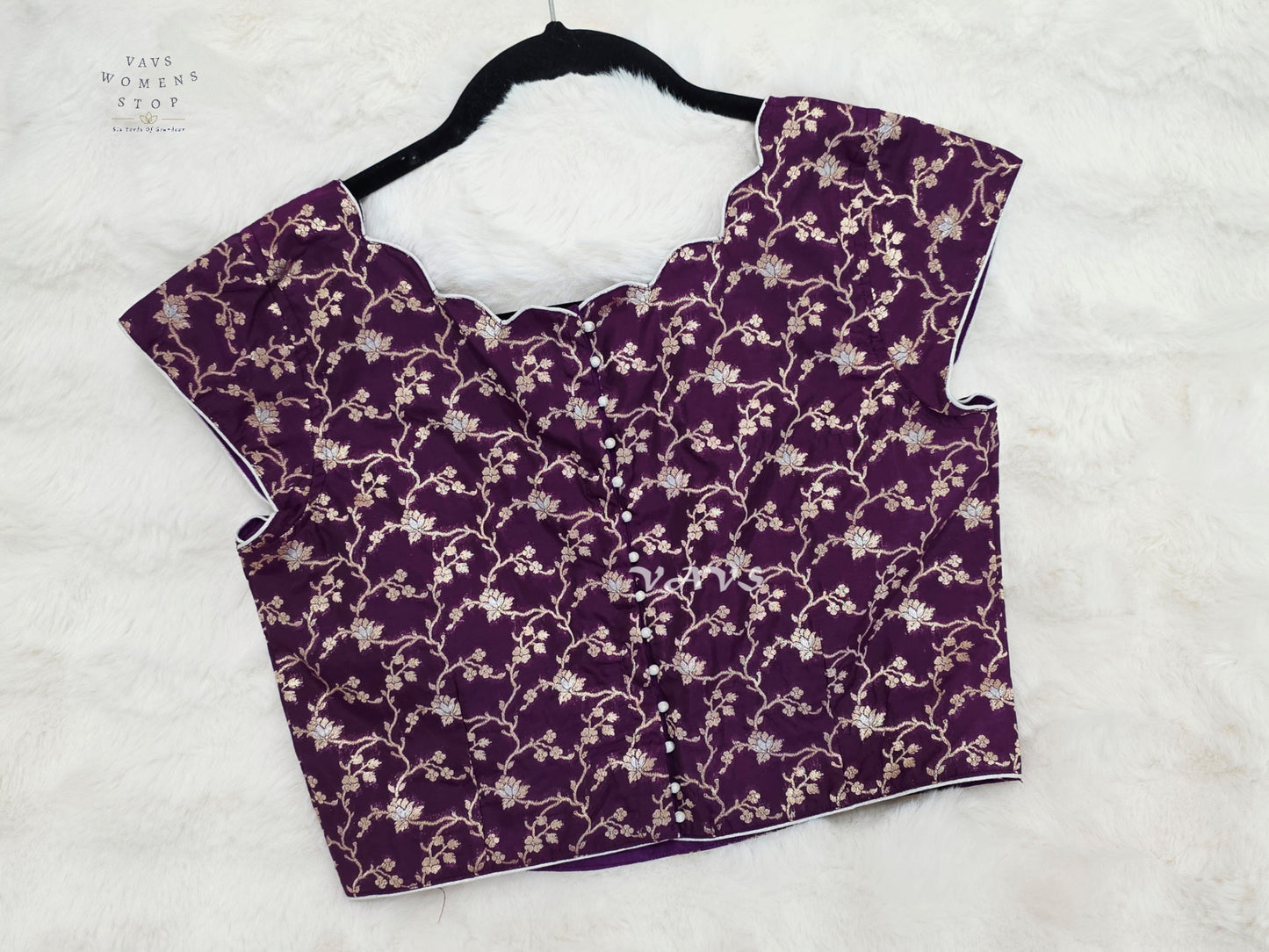 Royal Aubergine Banarasi Floral Scallop Blouse | Size 36–42
