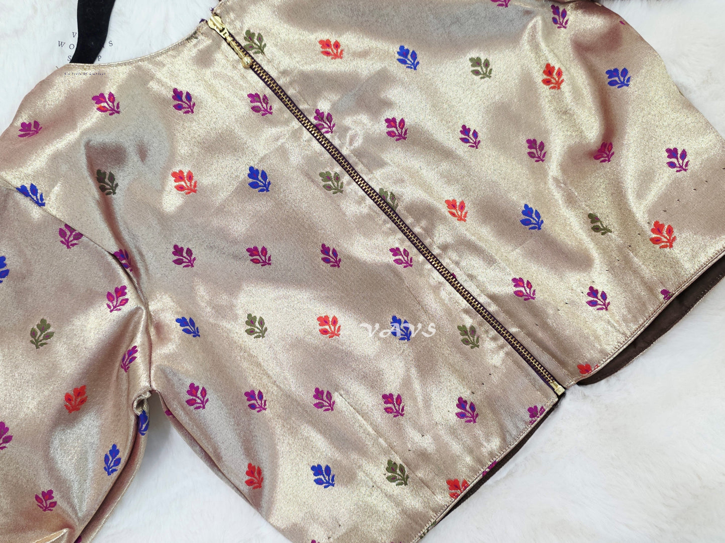 Rose Gold Tissue Banarasi Paithani Butta Blouse | Size 36–42