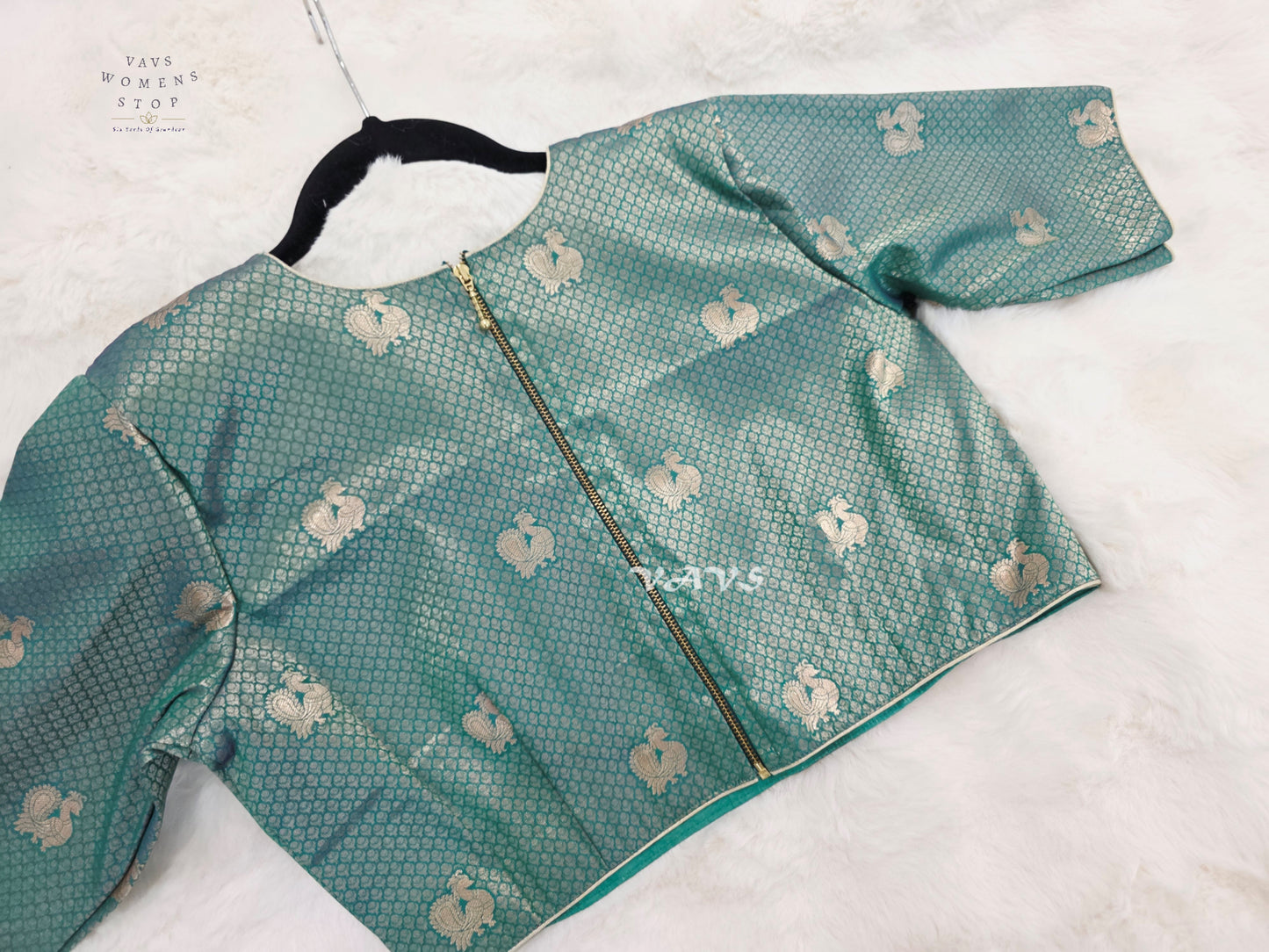 Antique Aqua Banarasi Brocade Peacock Blouse | Size 40–46