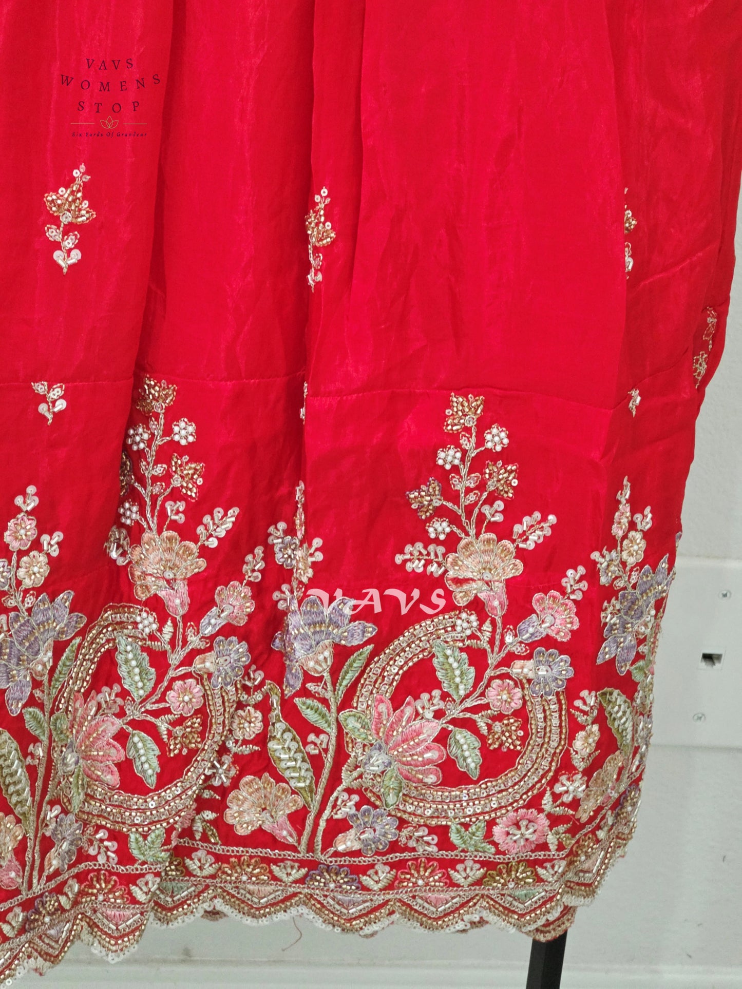 Vermilion Red Crepe Silk Embroidered Lehenga Set with Rose Pink Tissue Crop Top – Girls 12–13 Years