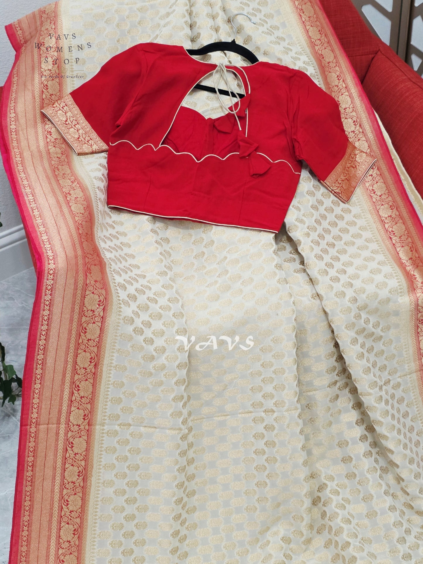 Ivory & Ruby Red Premium Viscose Georgette Saree with Gold Floral Border & Stitched Blouse Size 34–40