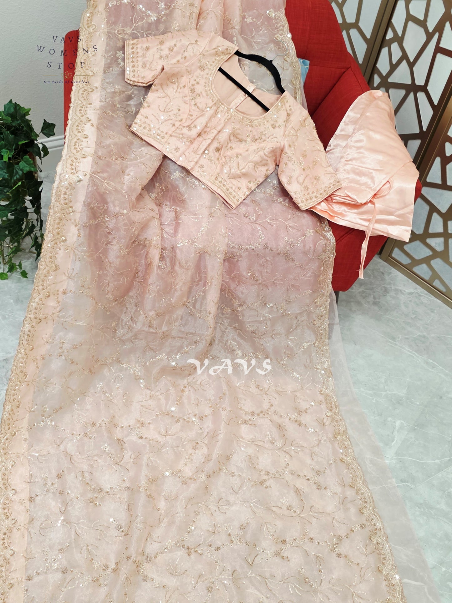 Blush Pink & Champagne Soft Tissue Style Sequin Saree with Stitched Blouse Size 36–42 & Matching Satin Petticoat