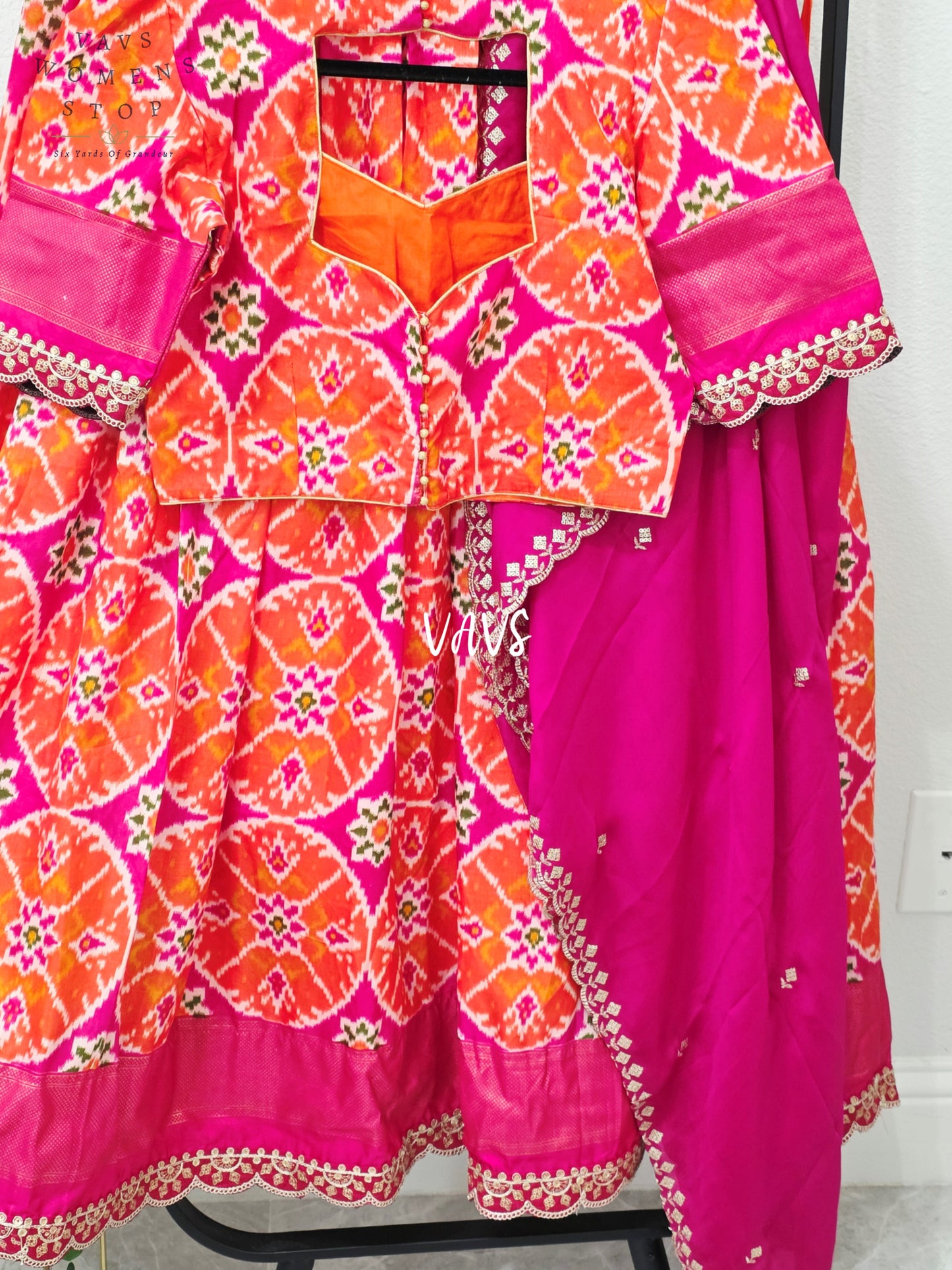 Vibrant Sunset Orange & Rani Pink Munga Benarasi Patola Half Saree Set with Chiffon Dupatta | Blouse 36-42