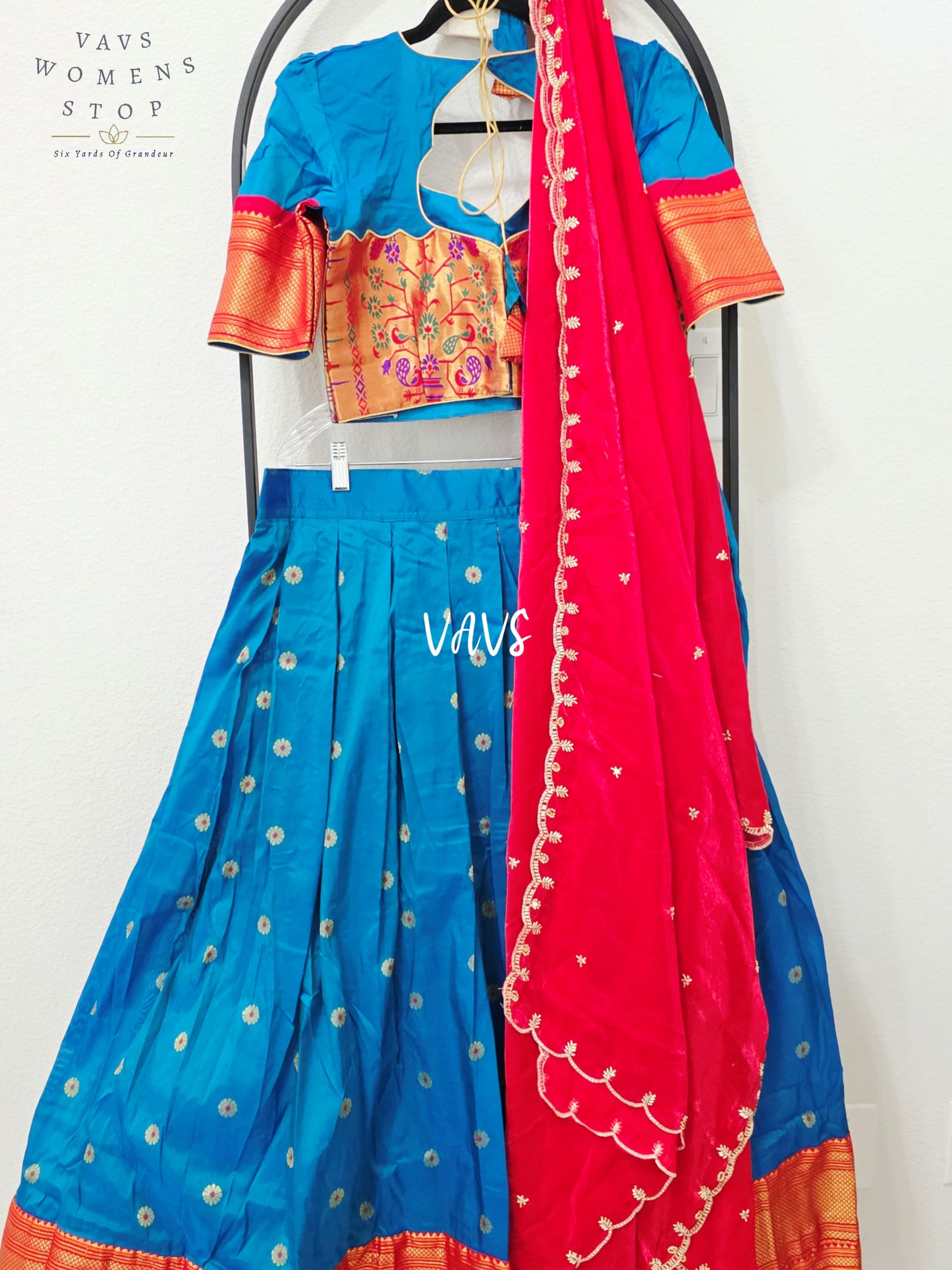 Royal Peacock Blue Semi Narayanpet Gadwal Silk Half Saree Set with Ruby Red Space Silk Dupatta | Blouse 36-42