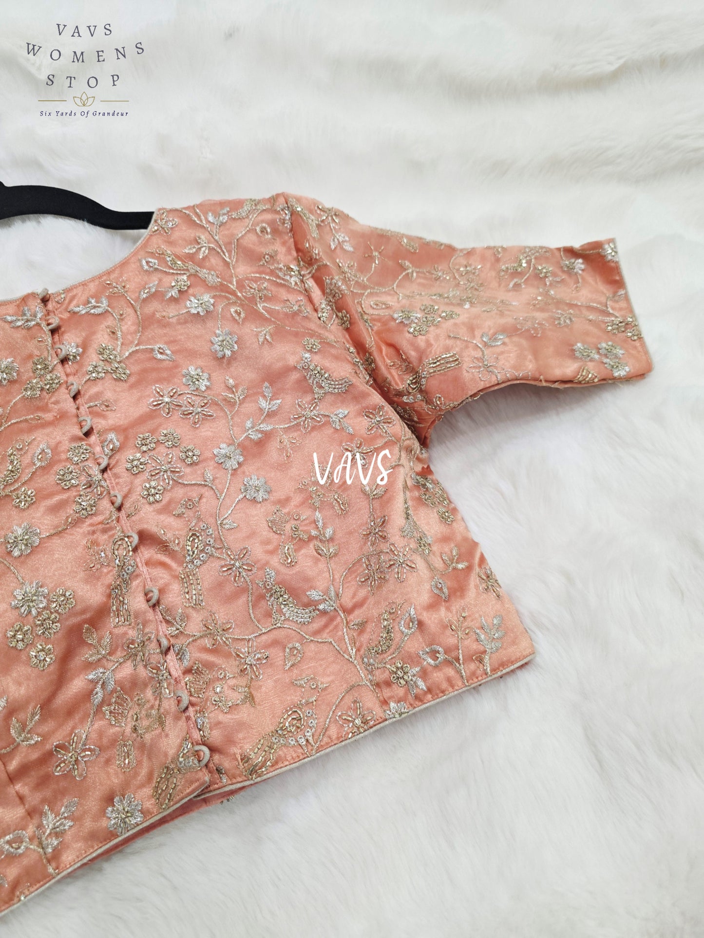 Peach Champagne Tissue All-Over Embroidered Partywear Blouse | Size 36–42