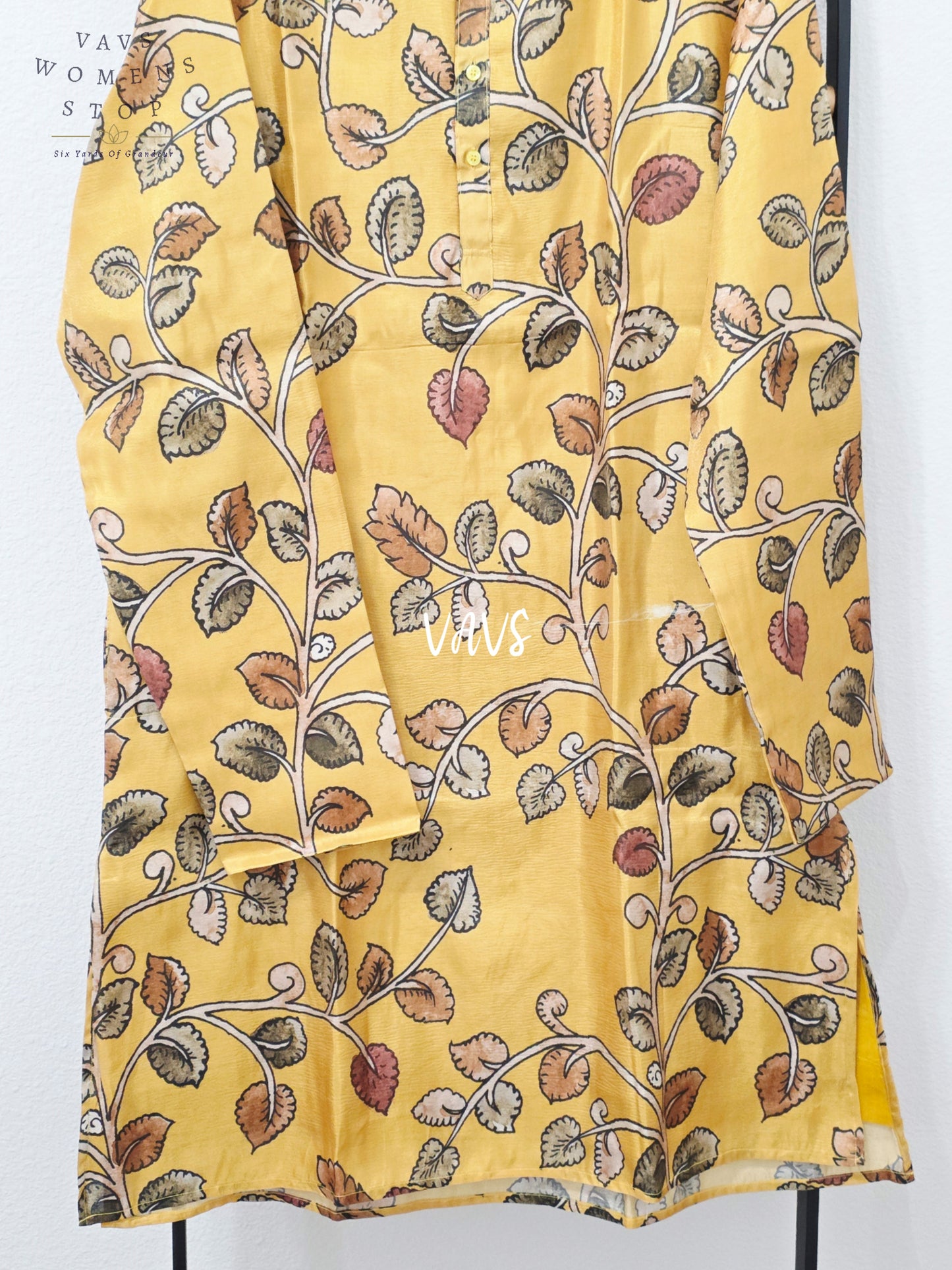 Regal Mustard Gold Kalamkari Tussar Silk Botanical Men’s Haldi Kurta – Size XXL