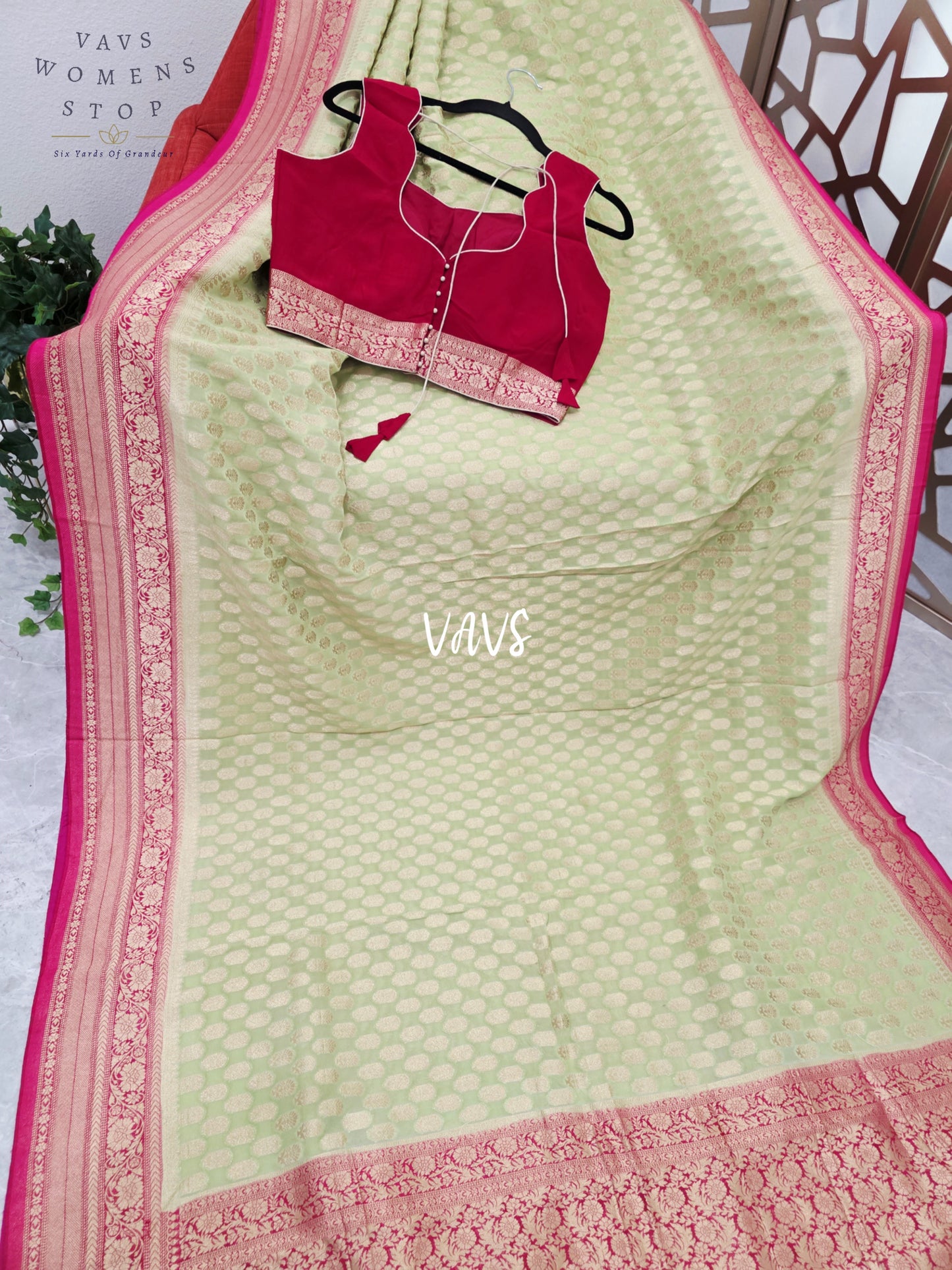 Pistachio Green & Rani Pink Viscose Georgette Saree with Sleeveless Padded Blouse Size 38, Extendable to 44