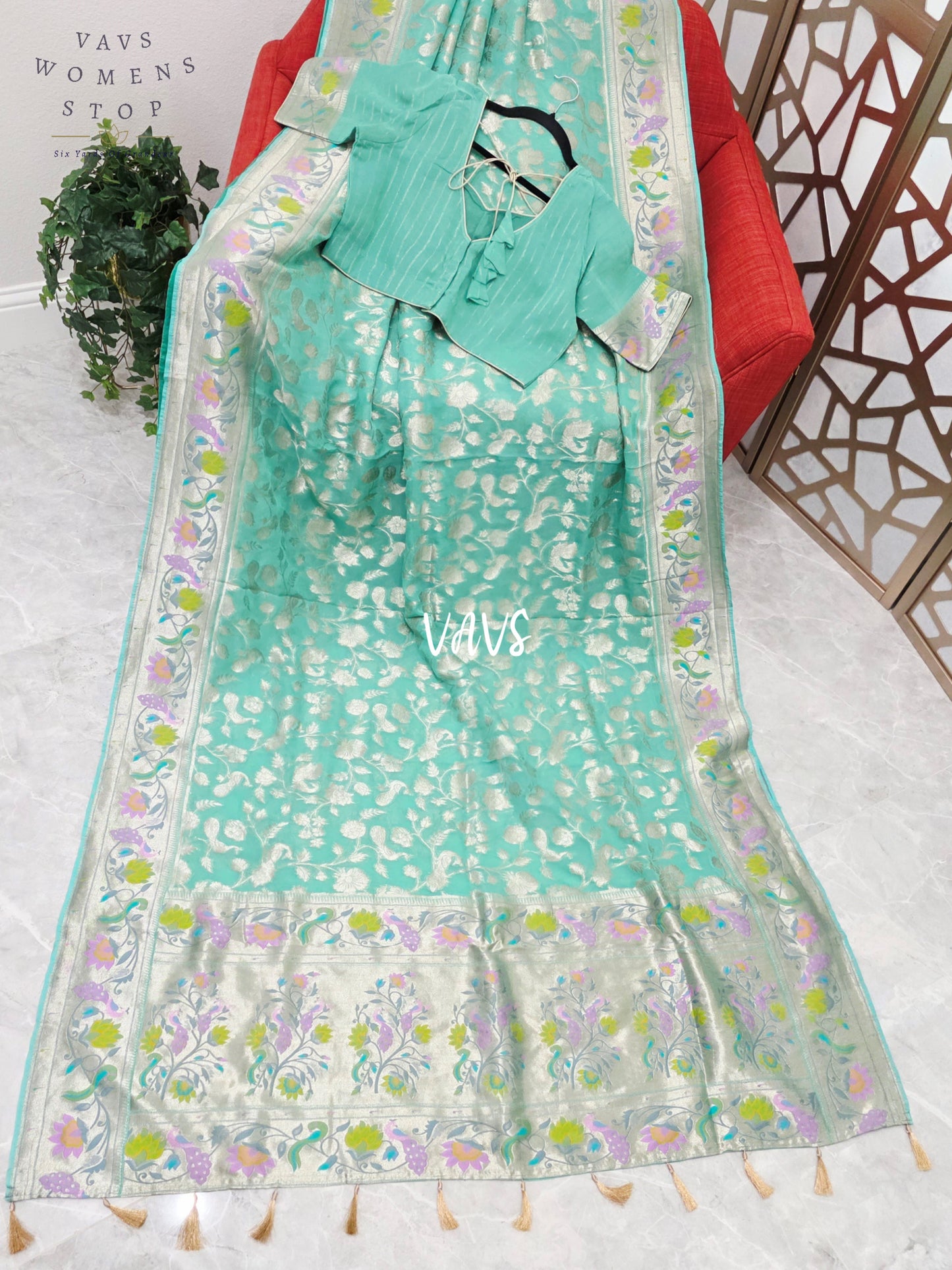 Seafoam Aqua & Silver Pure Khaddi Handloom Georgette Saree with Pastel Peacock Border & Stitched Blouse Size 40, Extendable to 46