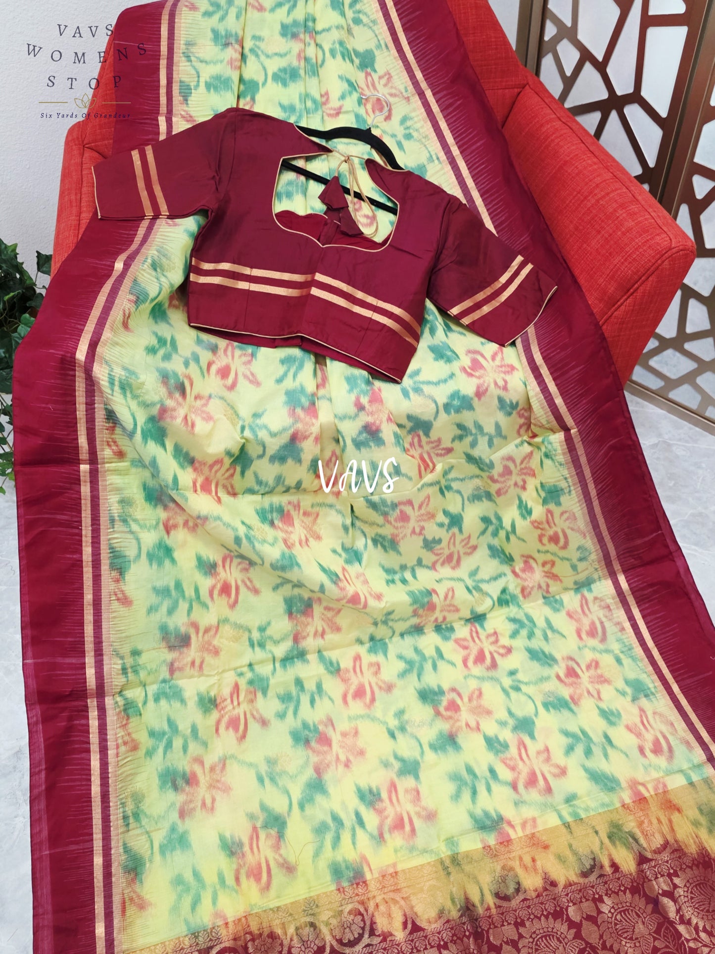 Pale Citron Green & Wine Maroon Vegan Silk Pochampally Woven Saree with Stitched Blouse Size 36, Extendable to 42