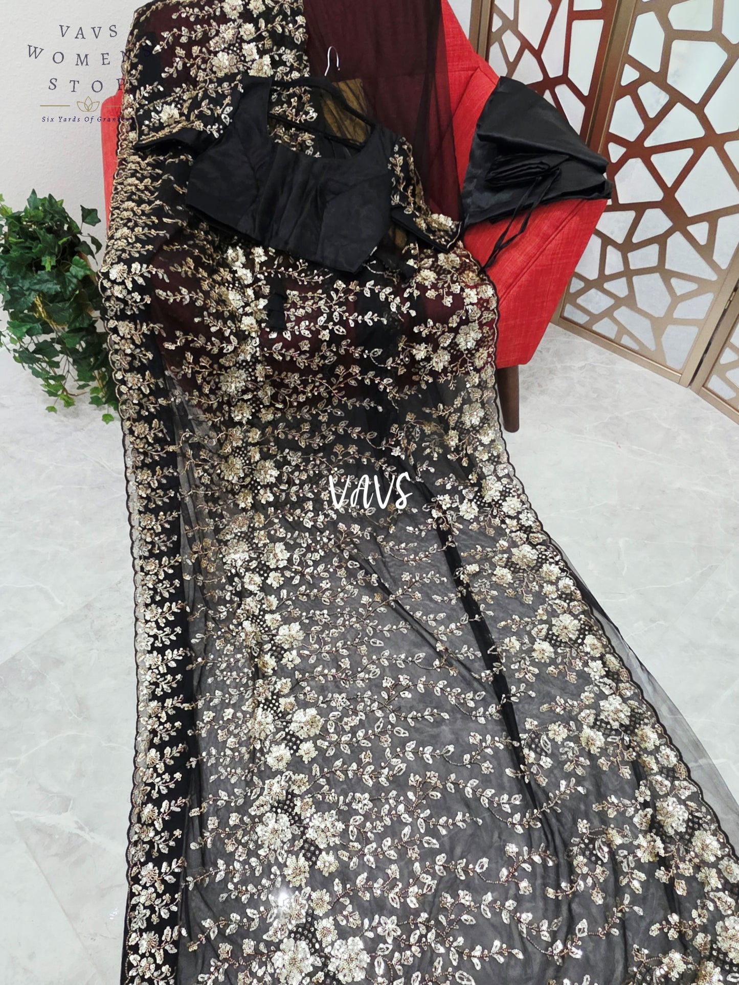 Midnight Black & Champagne Gold Floral Sequin Soft Net Saree with Stitched Blouse Size 36, Extendable to 42 & Matching Satin Petticoat
