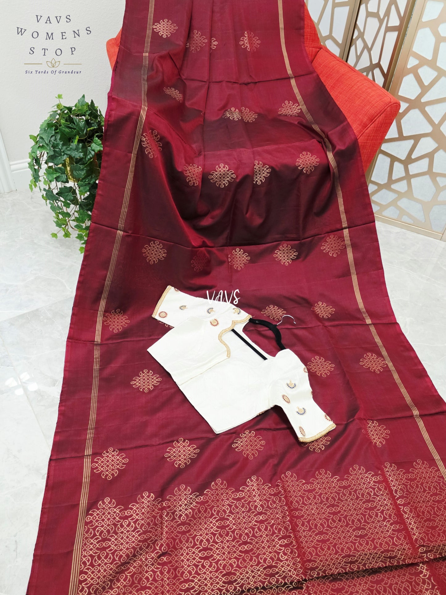 Burgundy Wine Pure Kanchi Soft Silk Kolam Muggu Butta Saree with Ivory Hand-Embroidered Maggam Jadau Kundan Blouse Size 38, Extendable to 44