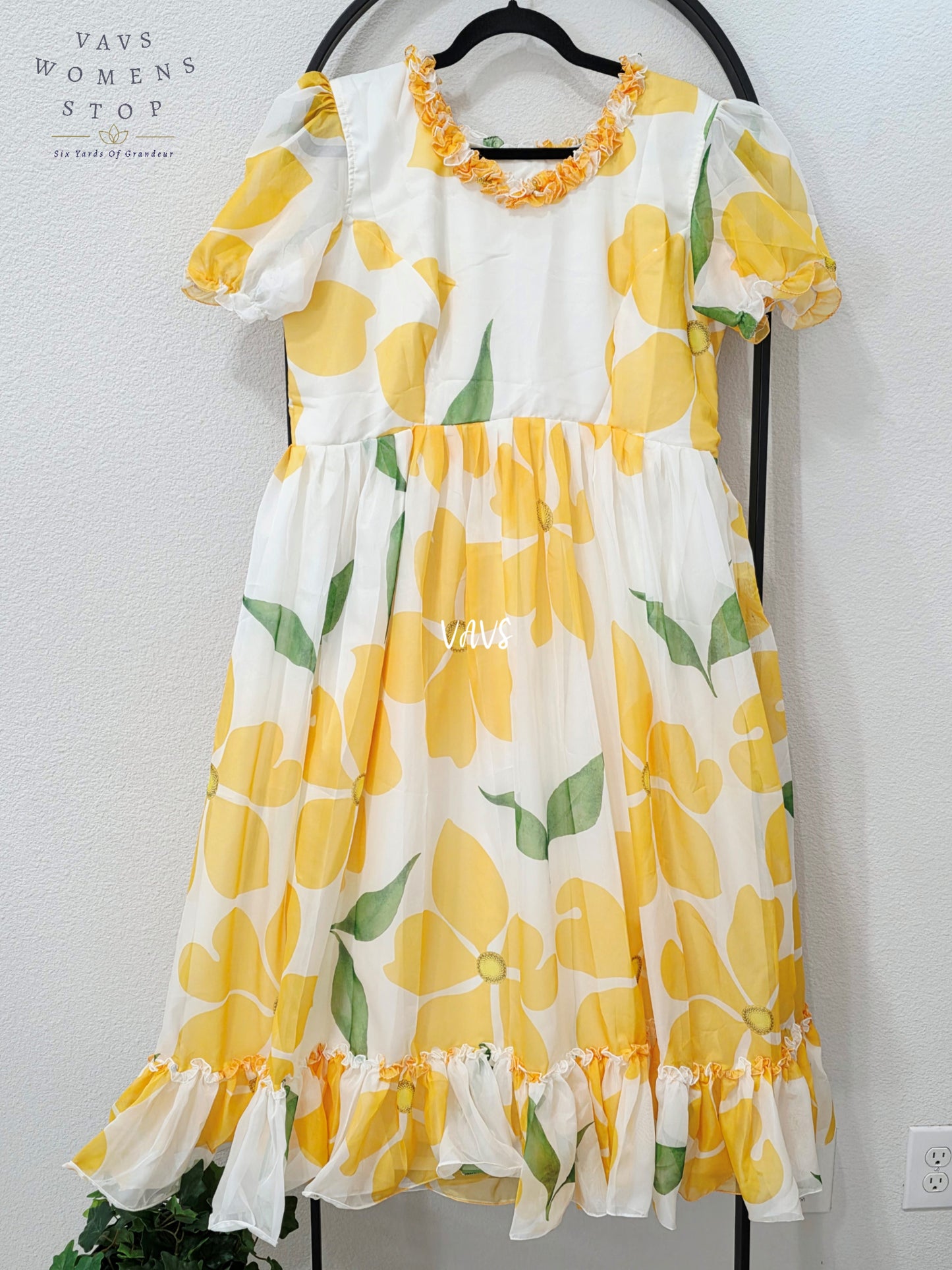 Ivory & Golden Yellow Floral Organza Silk Designer Frock – Women’s XL