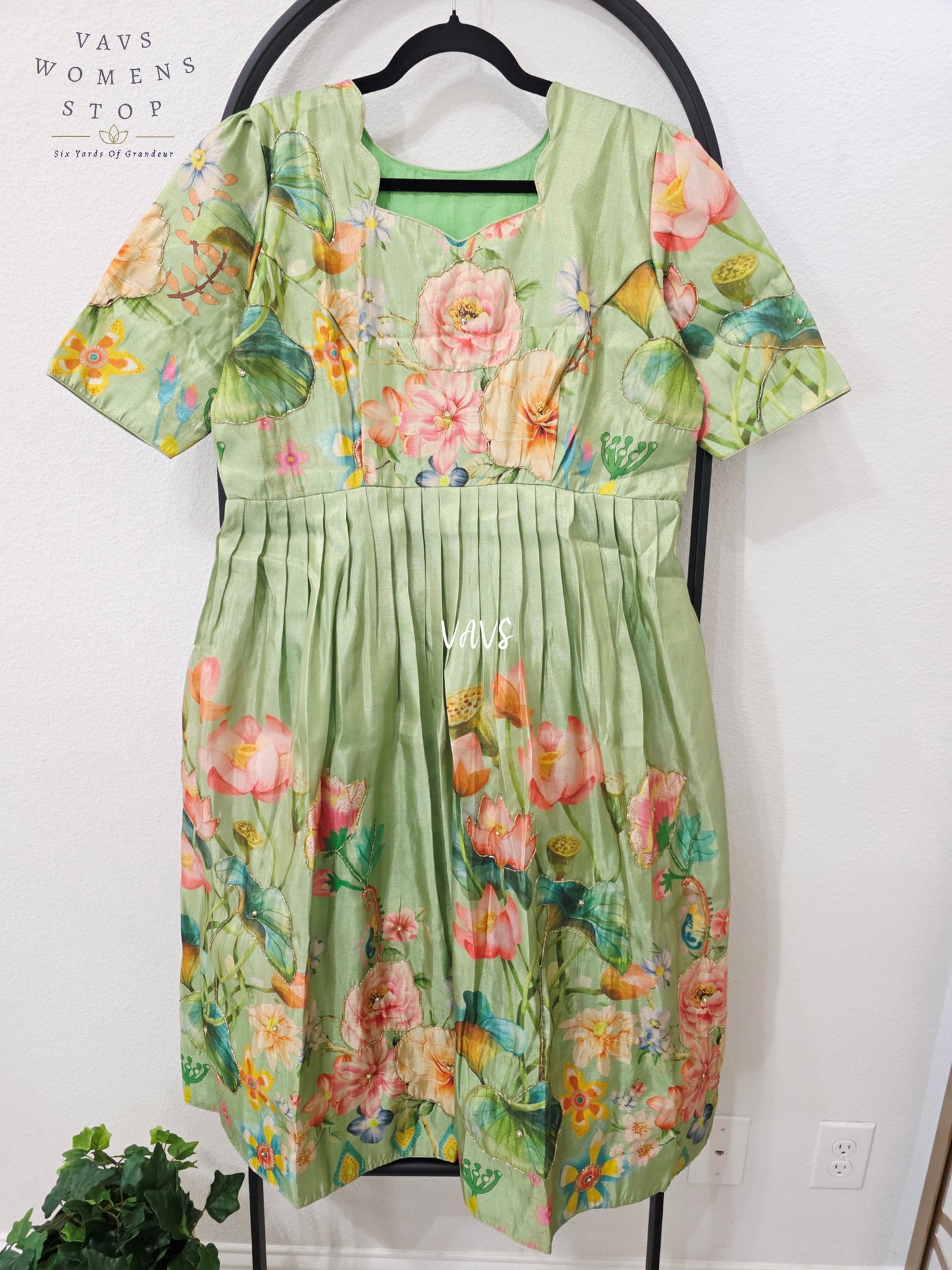 Sage Green Tussar Tissue Silk Lotus Garden Designer Frock – Women’s XL