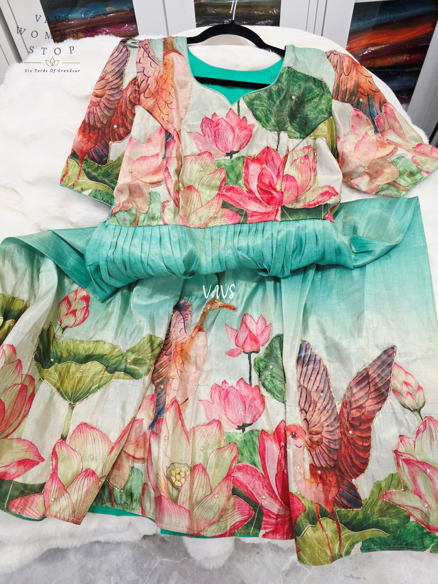 Aqua Sea Green Tussar Tissue Silk Lotus Print Designer Frock – Women’s XL