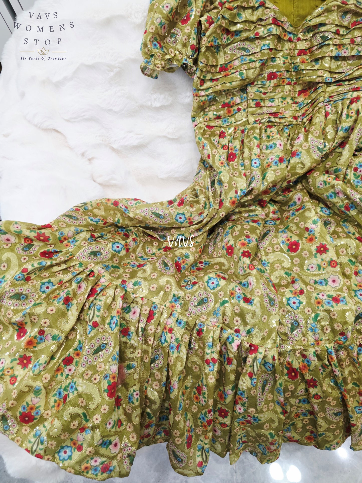Antique Olive Gold Chinon Silk Sequin Embroidered Frock – Women’s XL