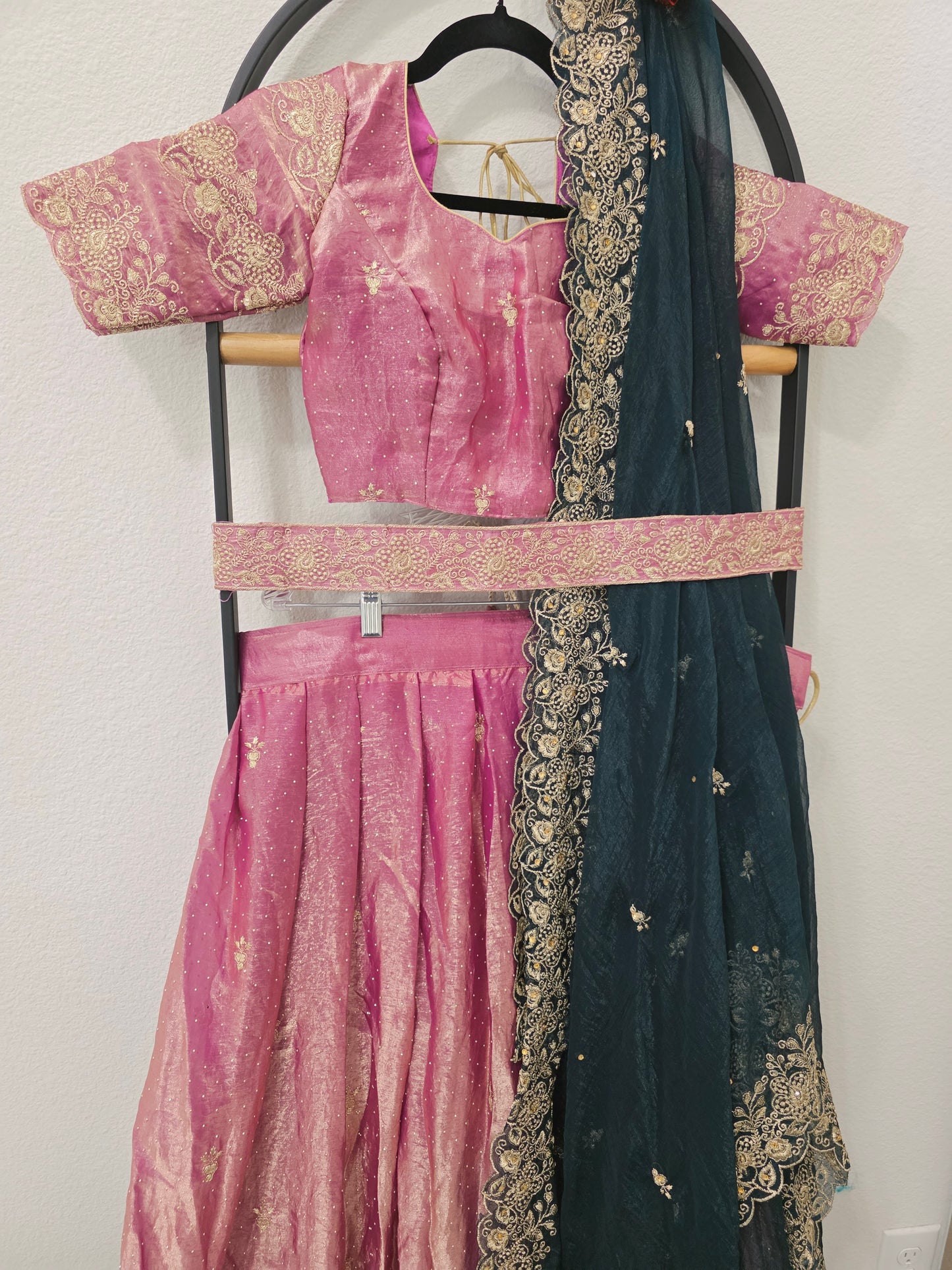 Luxury Dusty Rose Pink & Midnight Teal Space Silk Half Saree Lehenga Set with Antique Gold Floral Embroidery, Stitched Blouse & Hip Belt | Junior Size 32β38