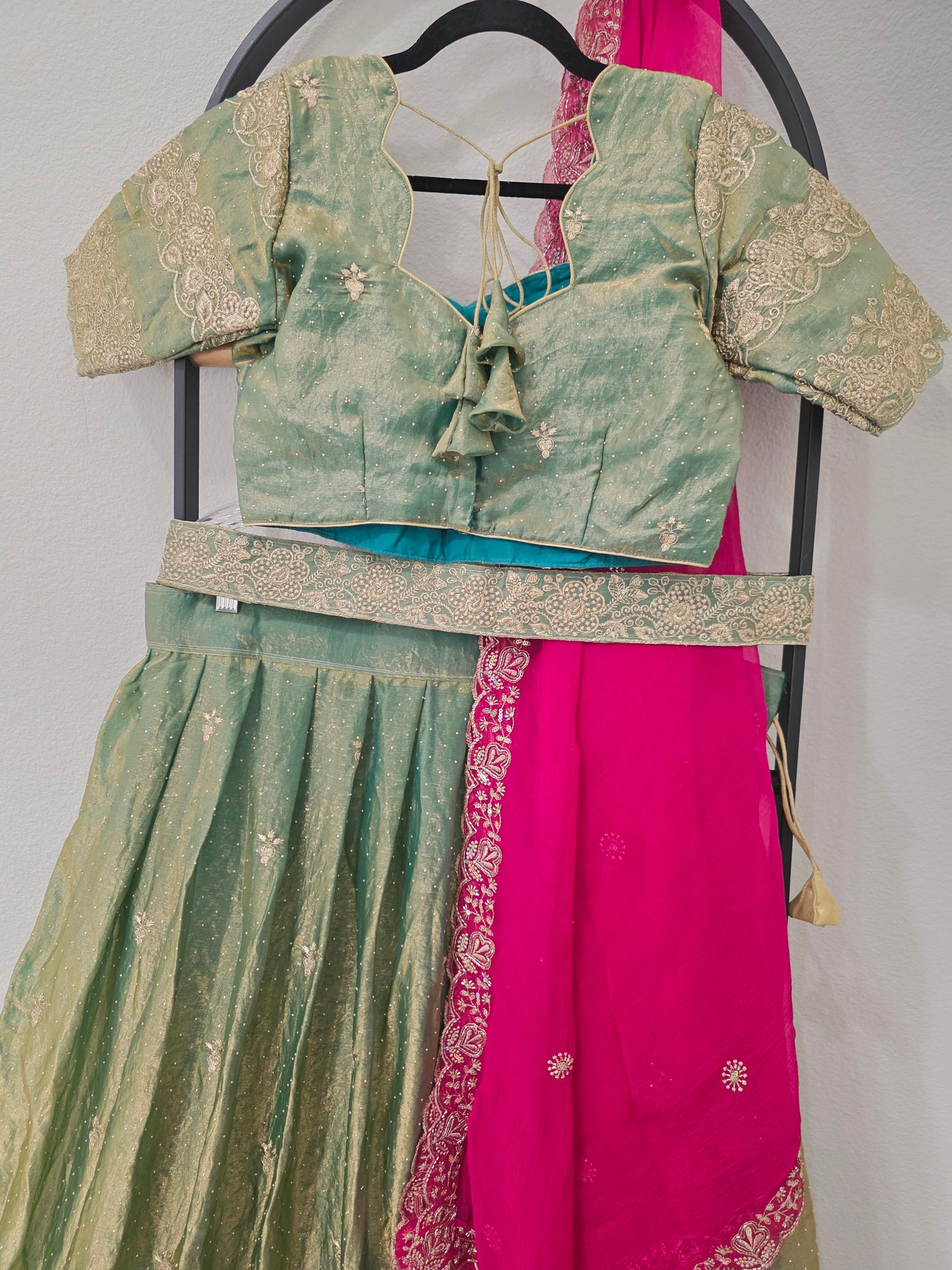 Luxury Sage Green & Rani Pink Space Silk Half Saree Lehenga Set with Gold Embroidery, Stitched Blouse & Hip Belt | Size 36β42