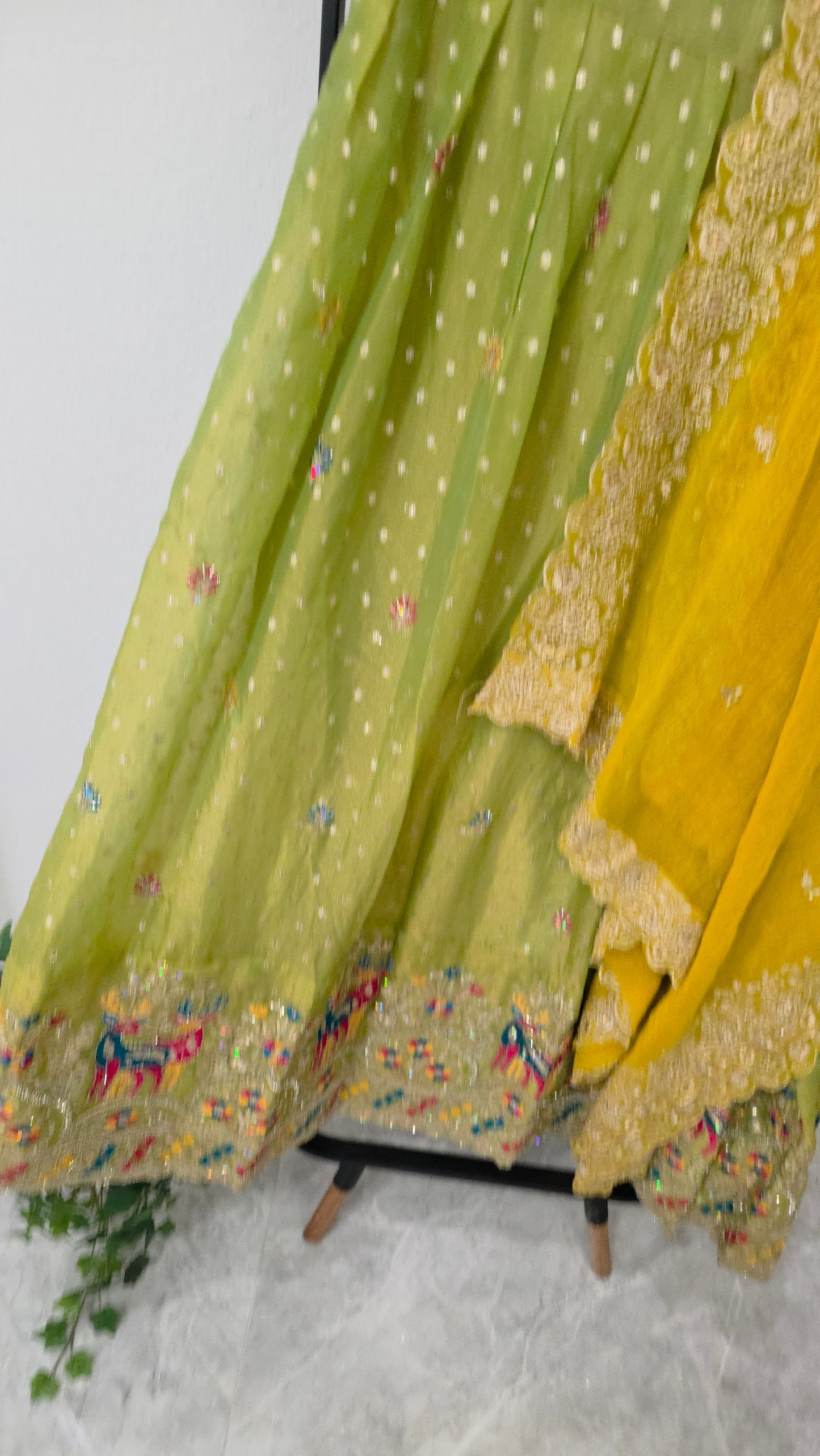 Lime Green Space Silk Deer Embroidered Half Saree Set with Yellow Dupatta